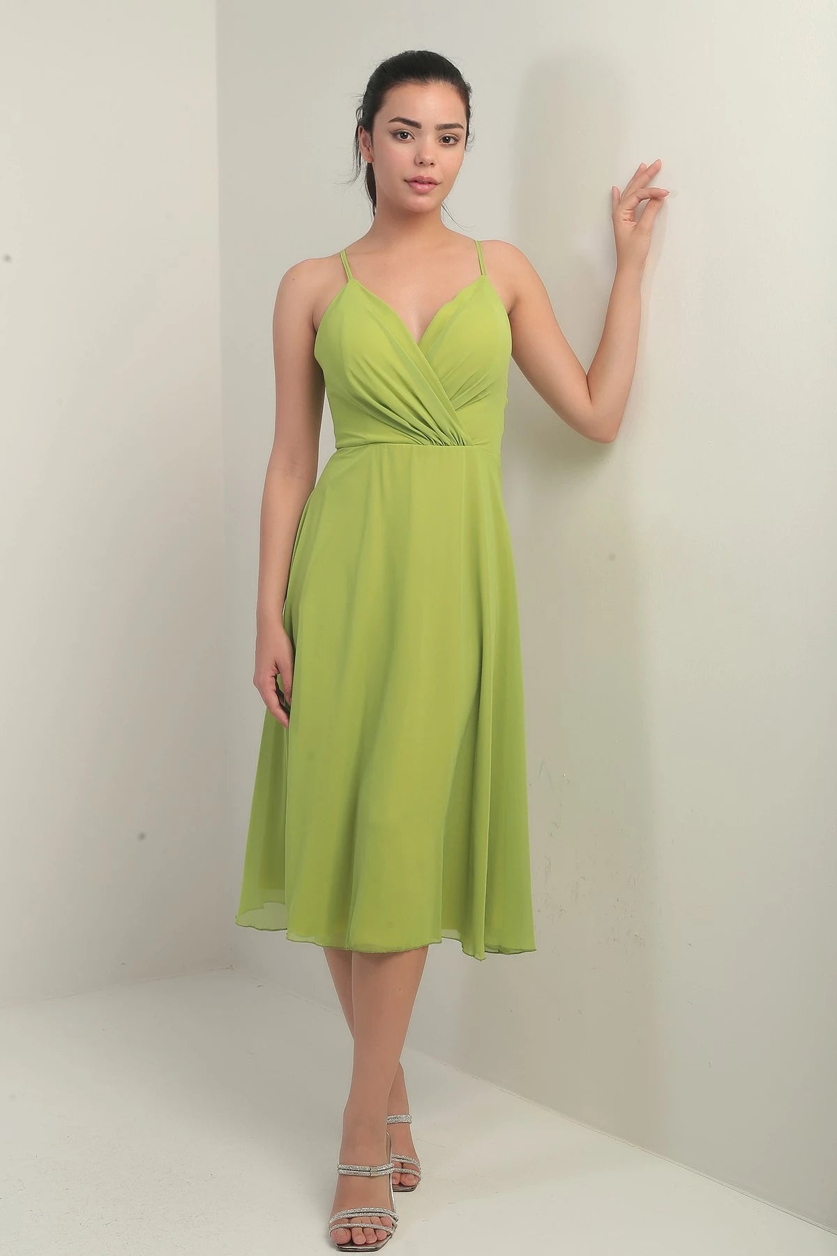 Image of Women's Strappy Wrap Neckline Lined Lace-Up Back Flared Chiffon Dress