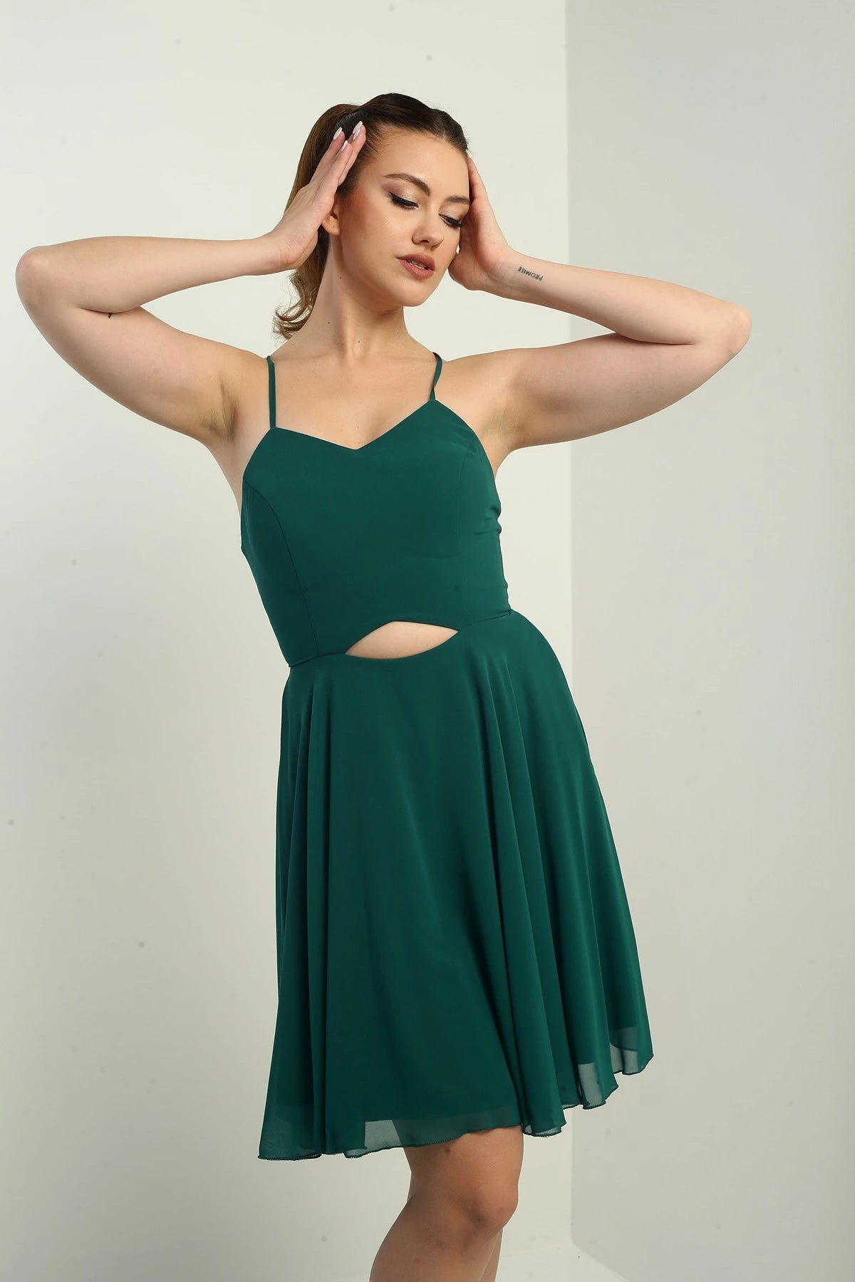 Image of Women's Strappy, Back-Tie, Front-Opening, Lined Chiffon Short Flared Dress
