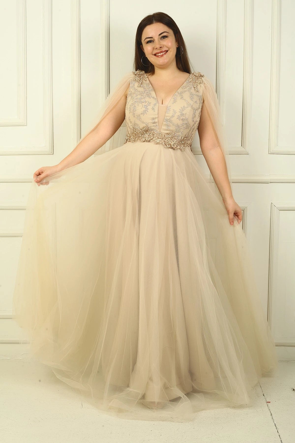 Image of Women's Front and Back V-Neck Long Tulle Evening Dress with Beaded Embellishment and Wide Waistline.