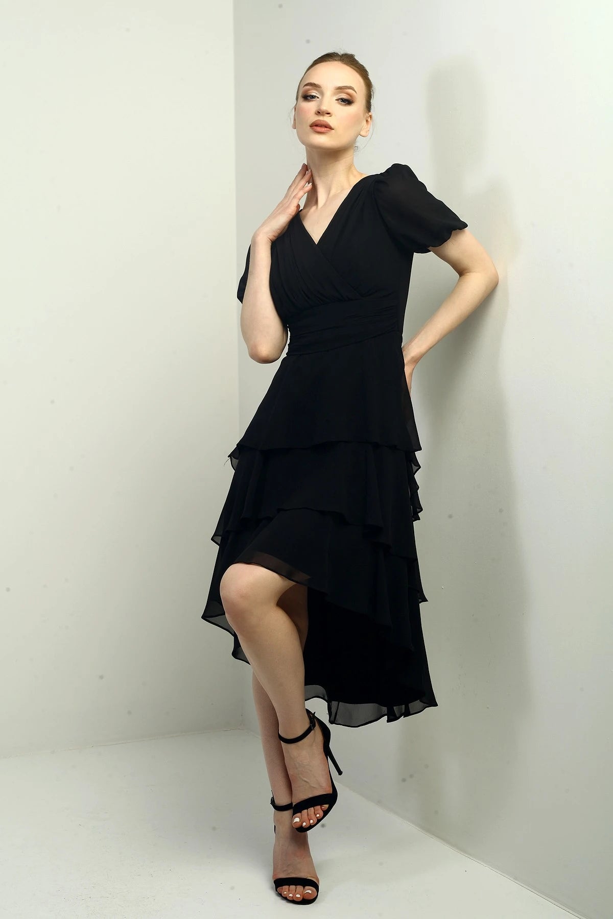 Image of Women's Wrap Neckline Back Zipper Layered Pleated Chiffon Dress