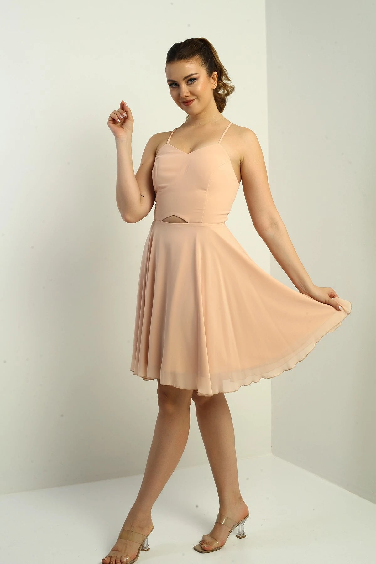 Image of Women's Strappy, Back-Tie, Front-Opening, Lined Chiffon Short Flared Dress