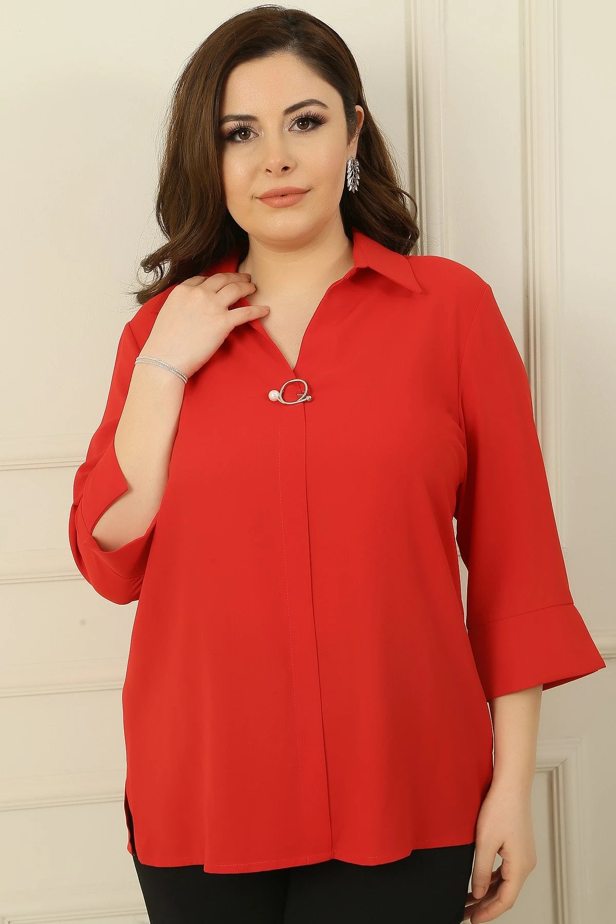 Image of Polo Yaka Çeyrek Kol Büyük Beden Bluz