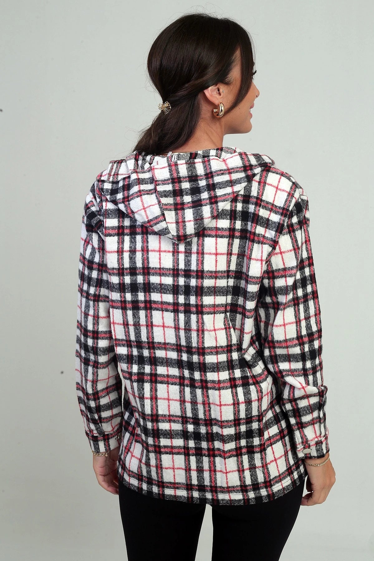 Image of Women's Hooded Plaid Shirt with Metal Buttons and Pockets