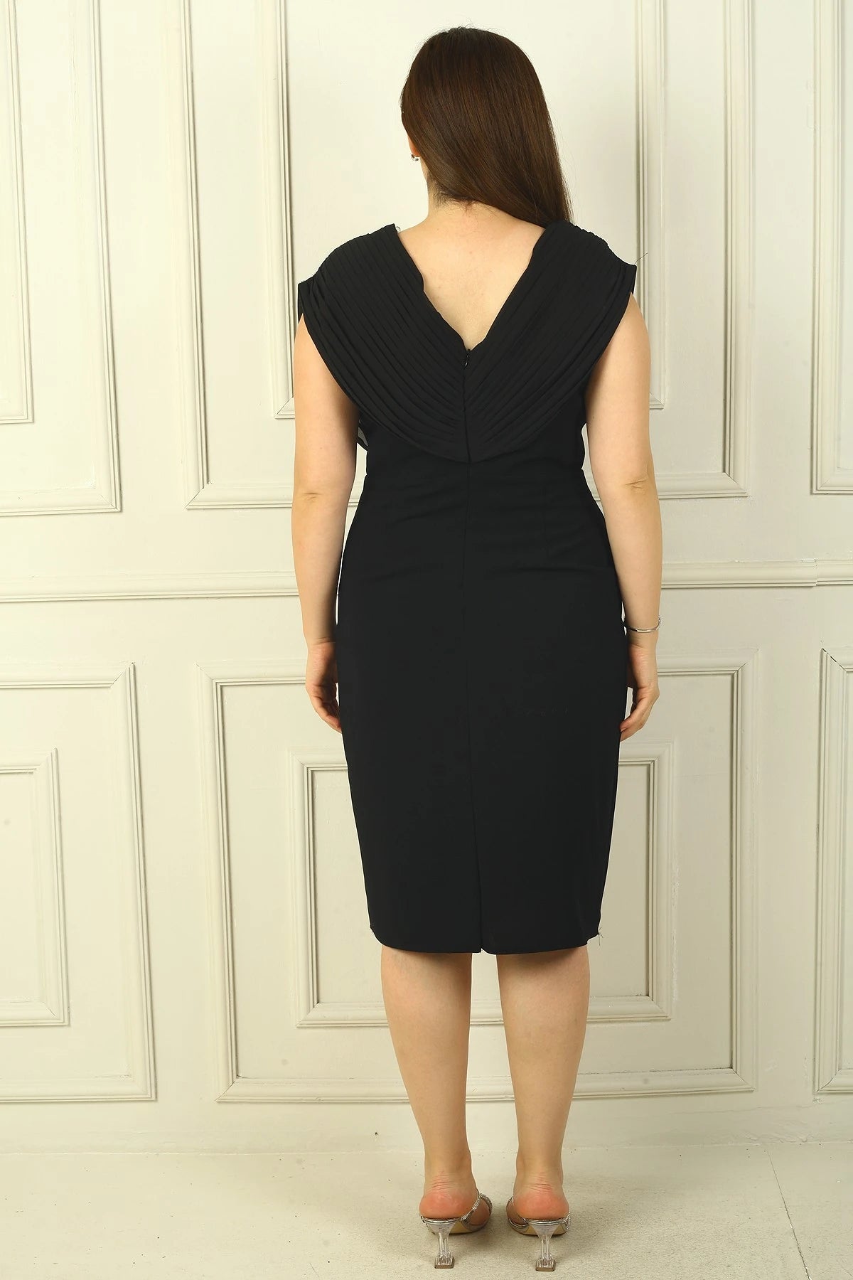 Image of Women's Front and Back V-Neck, One-Head Embellished, Cross-Pleated BB Dress