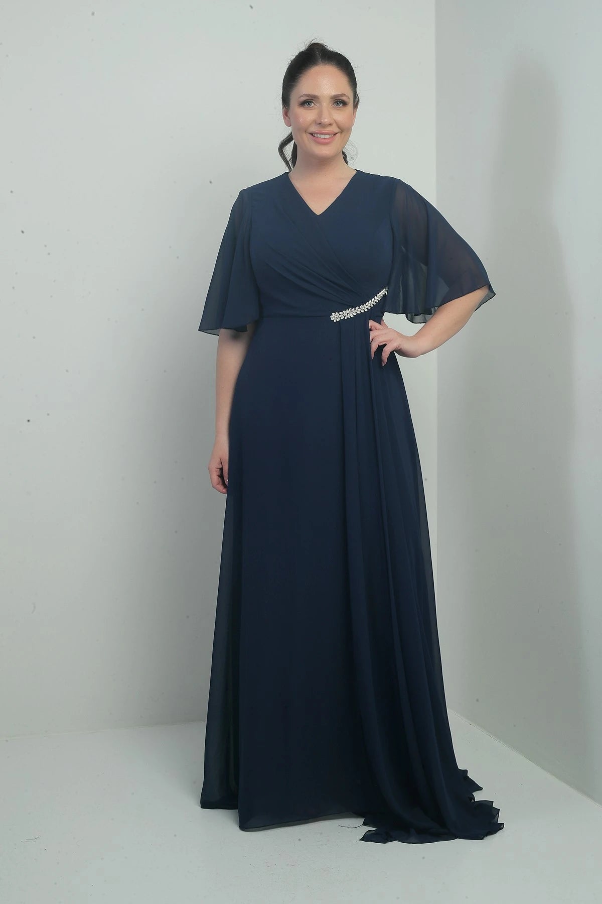 Image of Women's V-Neck, Waistband with Stone Embellishment, Draped, Lined, Plus Size Long Chiffon Dress
