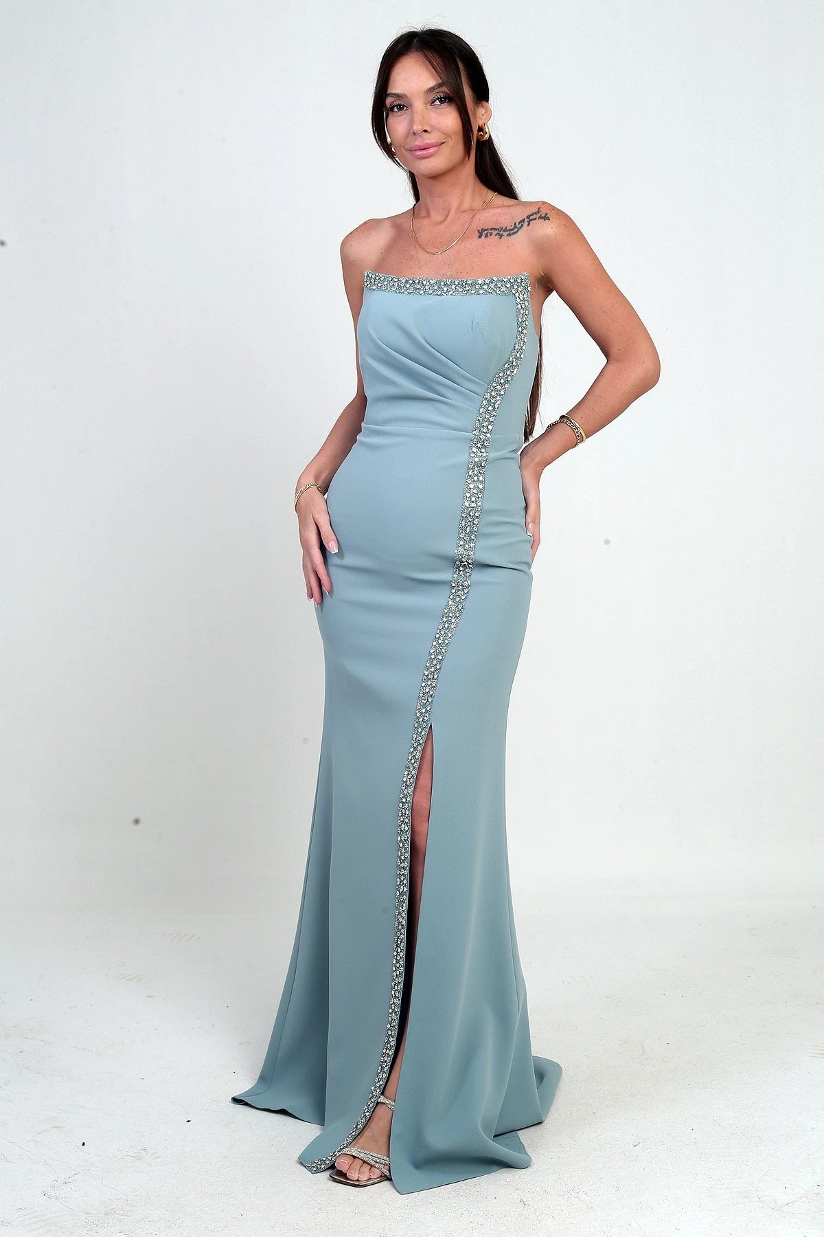 Image of Women's Long Crepe Dress with Draped Front and Stone Embellishments