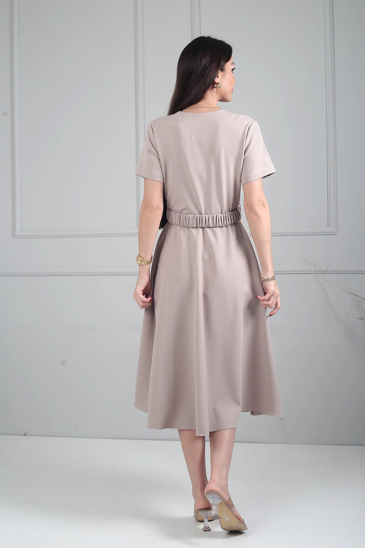 Image of Women's Short-Sleeved Midi Dress with Metal Buttons at the Front and Pockets