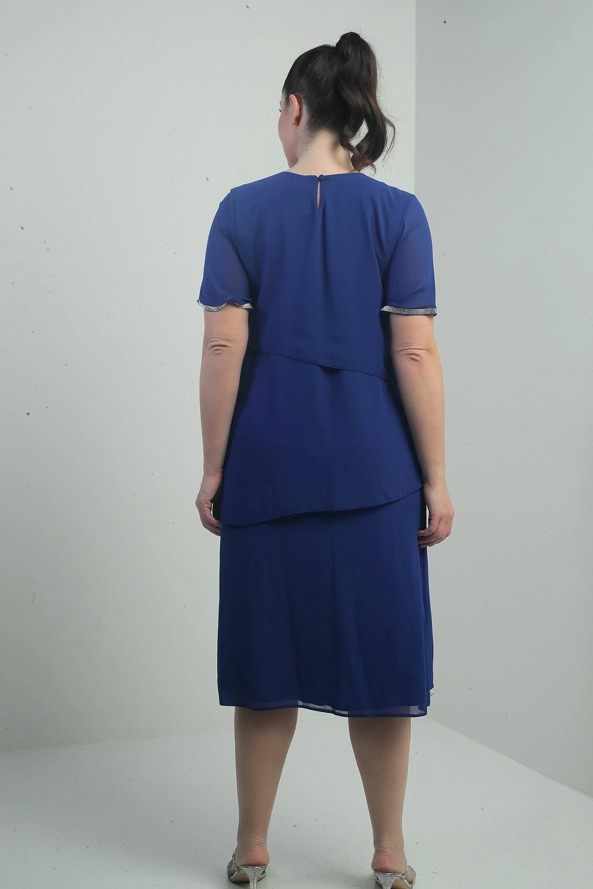 Image of Women's Plus Size Dress with Stone Embellishments, Lined, Short Sleeves, and Three Layers of Chiffon.