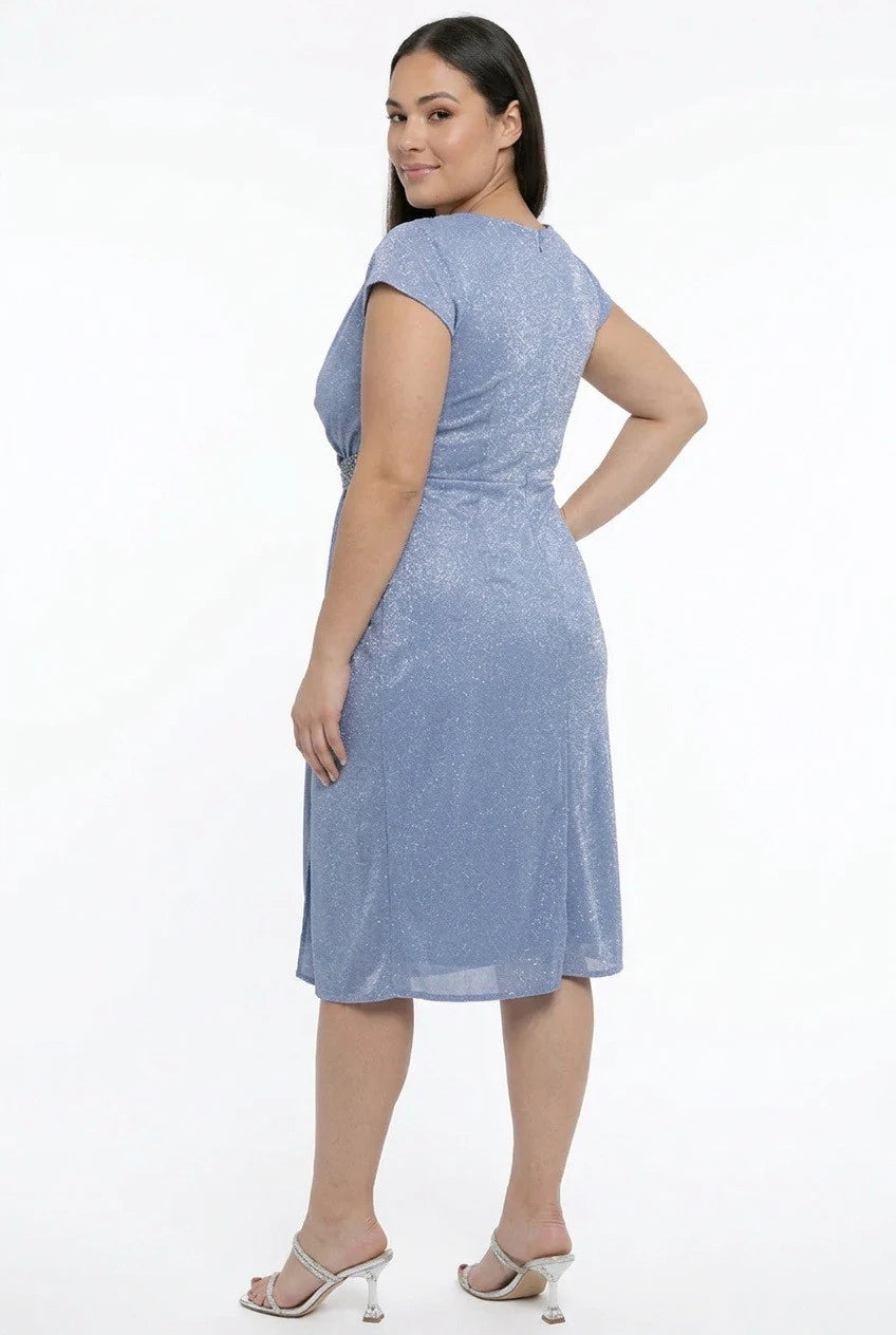 Image of Women's Wrap Neckline Half-Moon Sleeve Lined Plus Size Short Dress with Rhinestone and Glitter Embellishment at the Waist
