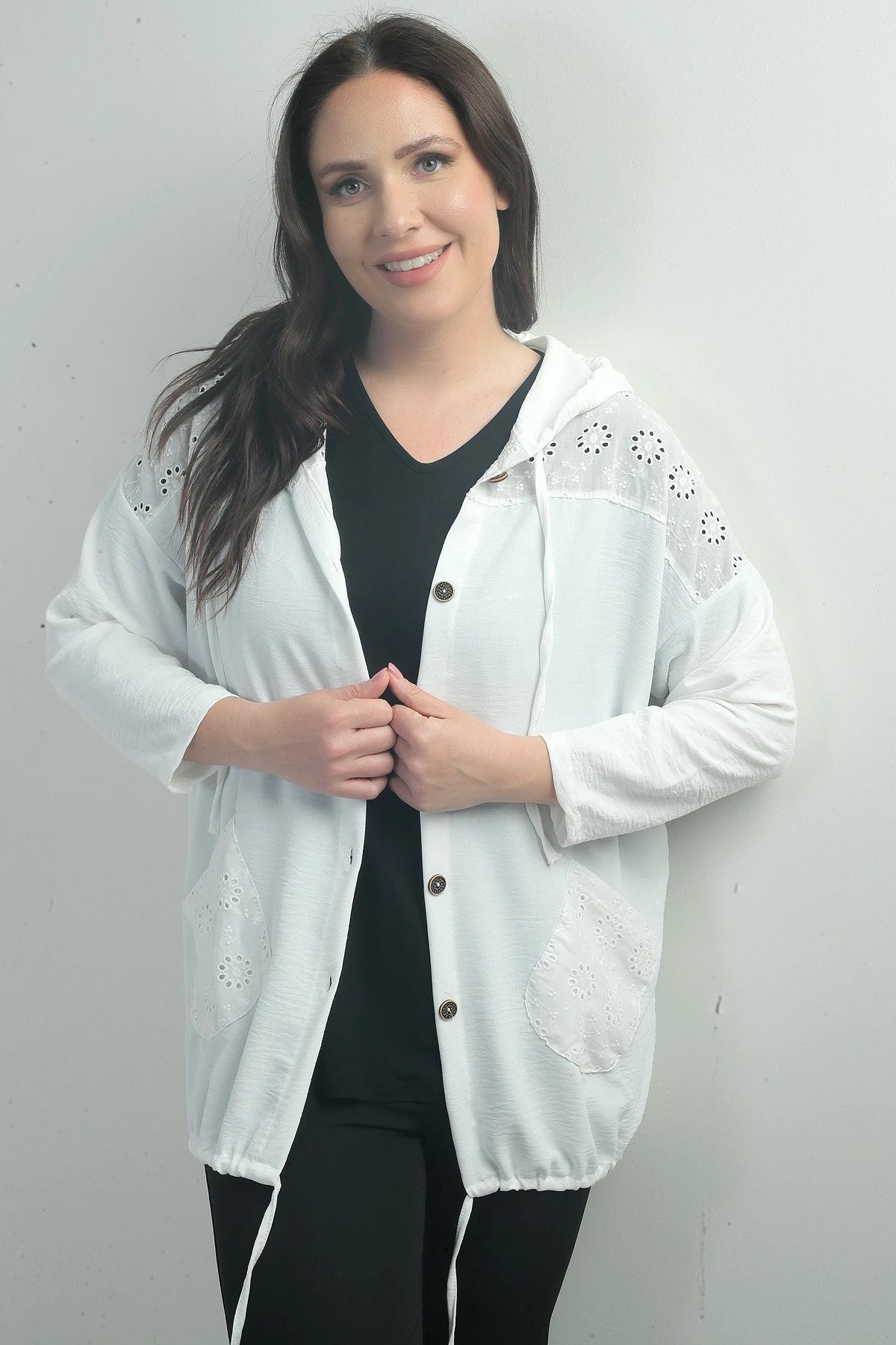 Image of Women's Hooded, Button-Front, Pocketed, Ruffled Plus Size Cardigan