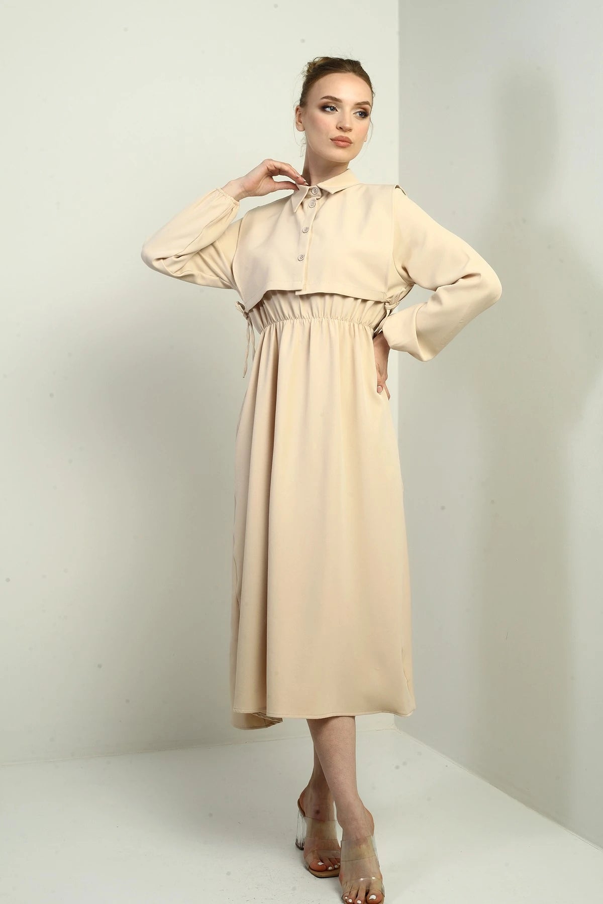 Image of Women's Button-Down Detachable Vest, Elastic Waist, Long-Sleeved Midi Dress