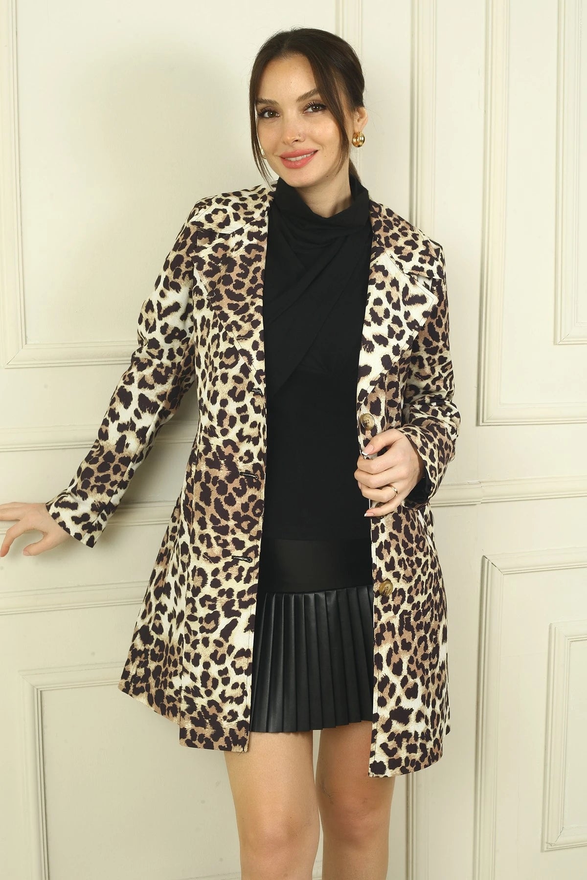 Image of Women's Leopard Print Trench Coat with Side Pockets and Belted Waist, Lined