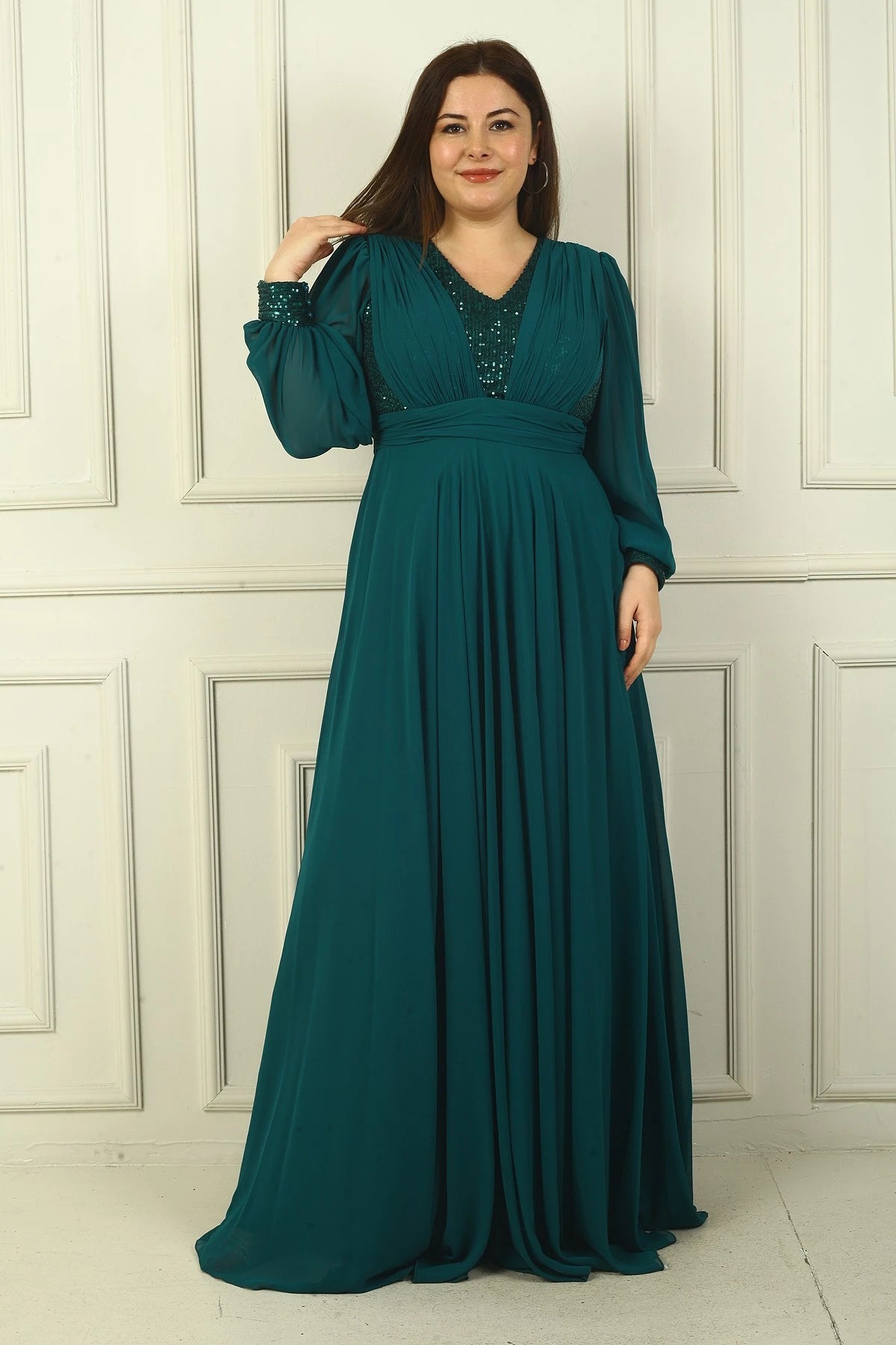 Image of Women's Front and Back V-Neck Sequined Lined Plus Size Long Chiffon Evening Dress