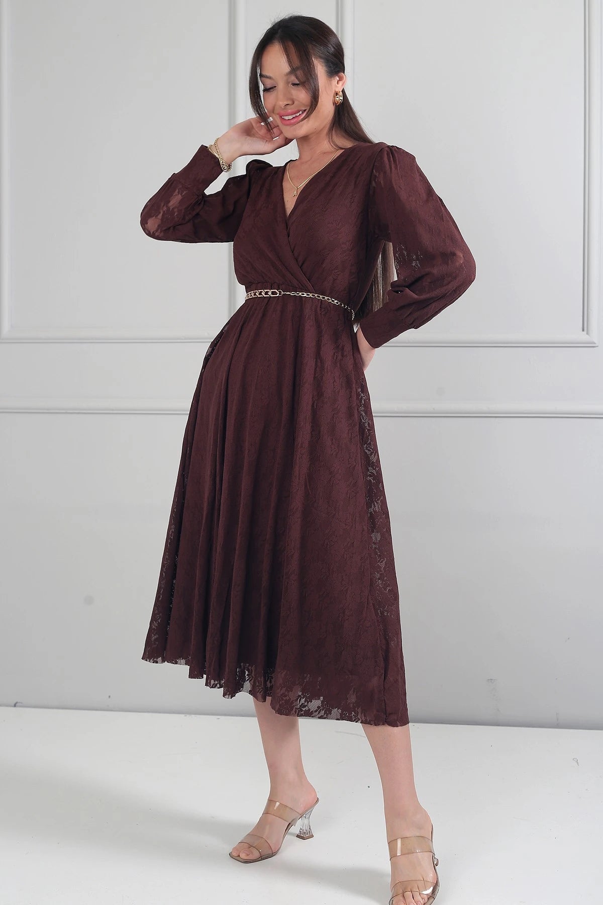 Image of Rochie midi din dantelă cu mânecă lungă și căptușeală, cu decolteu înfășurat și decolteu înfășurat pentru femei