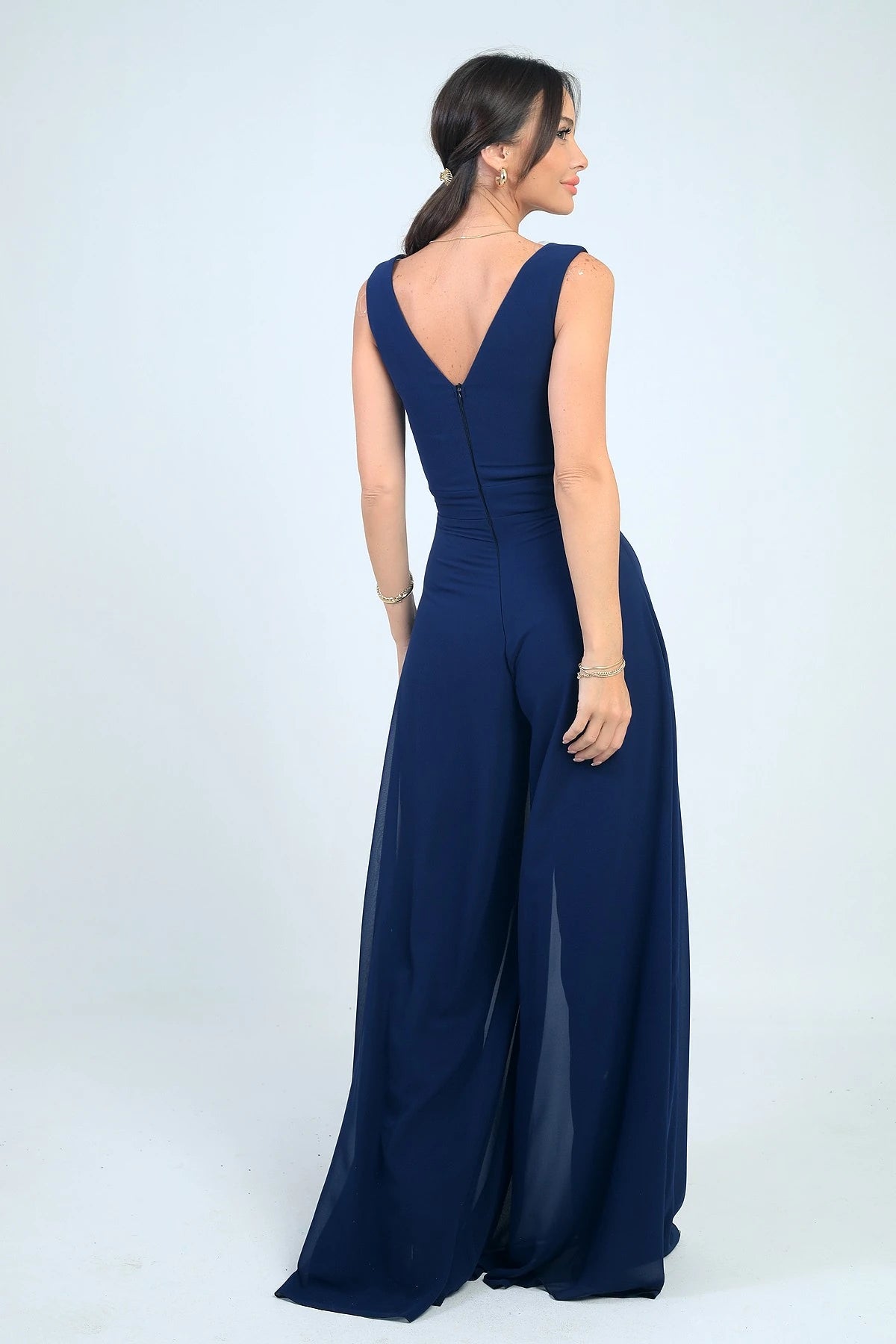 Image of Waist-detailed, front and back V-neck, lined chiffon jumpsuit.