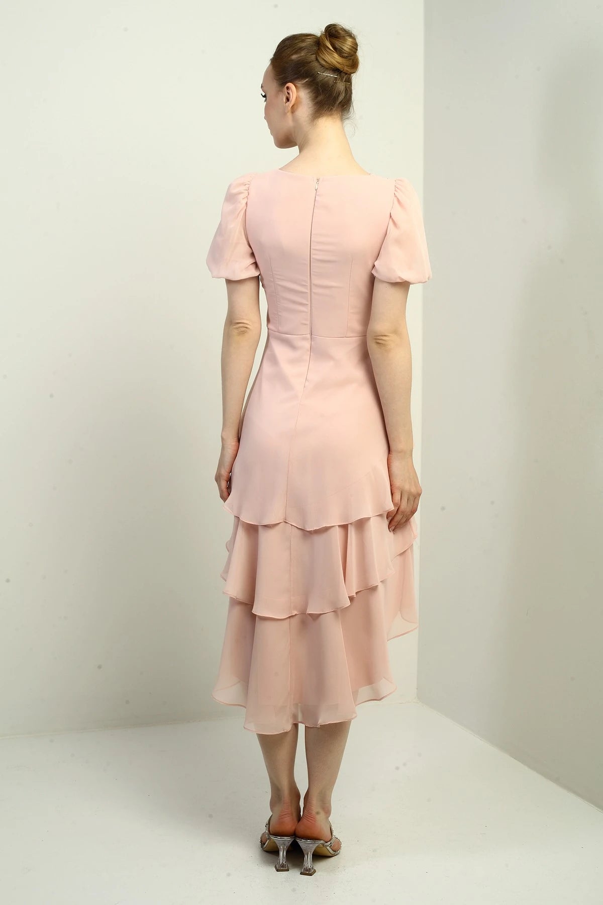 Image of Women's Wrap Neckline Back Zipper Layered Pleated Chiffon Dress