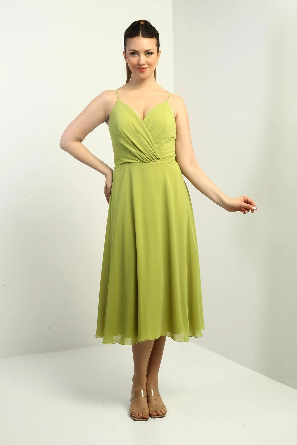 Image of Women's Strappy Wrap Neckline Lined Lace-Up Back Flared Chiffon Dress