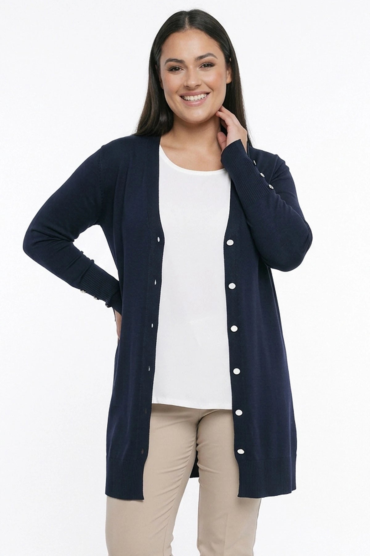Image of Women's Plus Size Knitted Cardigan with Button Detail on Sleeves