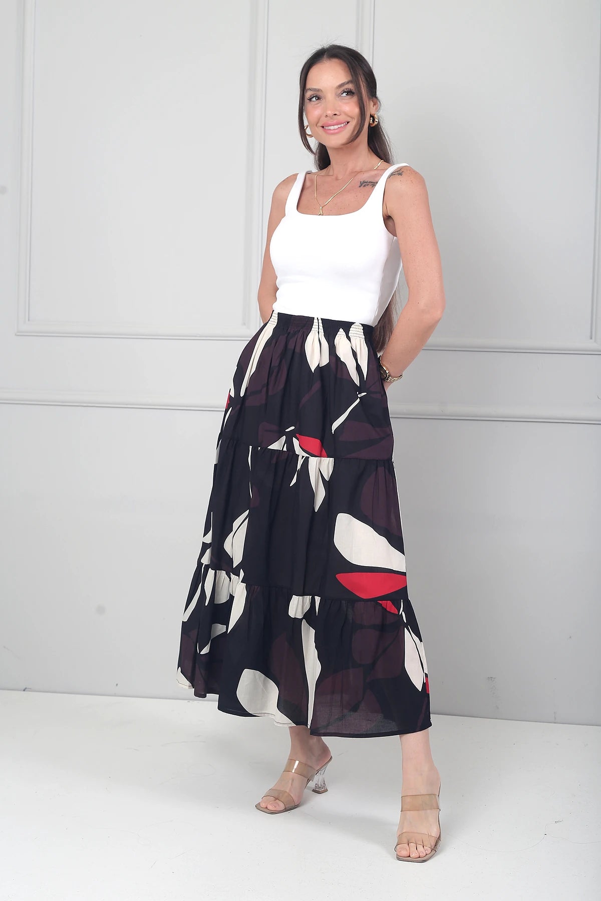 Image of Kadın Beli Lastikli Astarlı Çiçek Desenli Fırfırlı Midi Cotton Etek