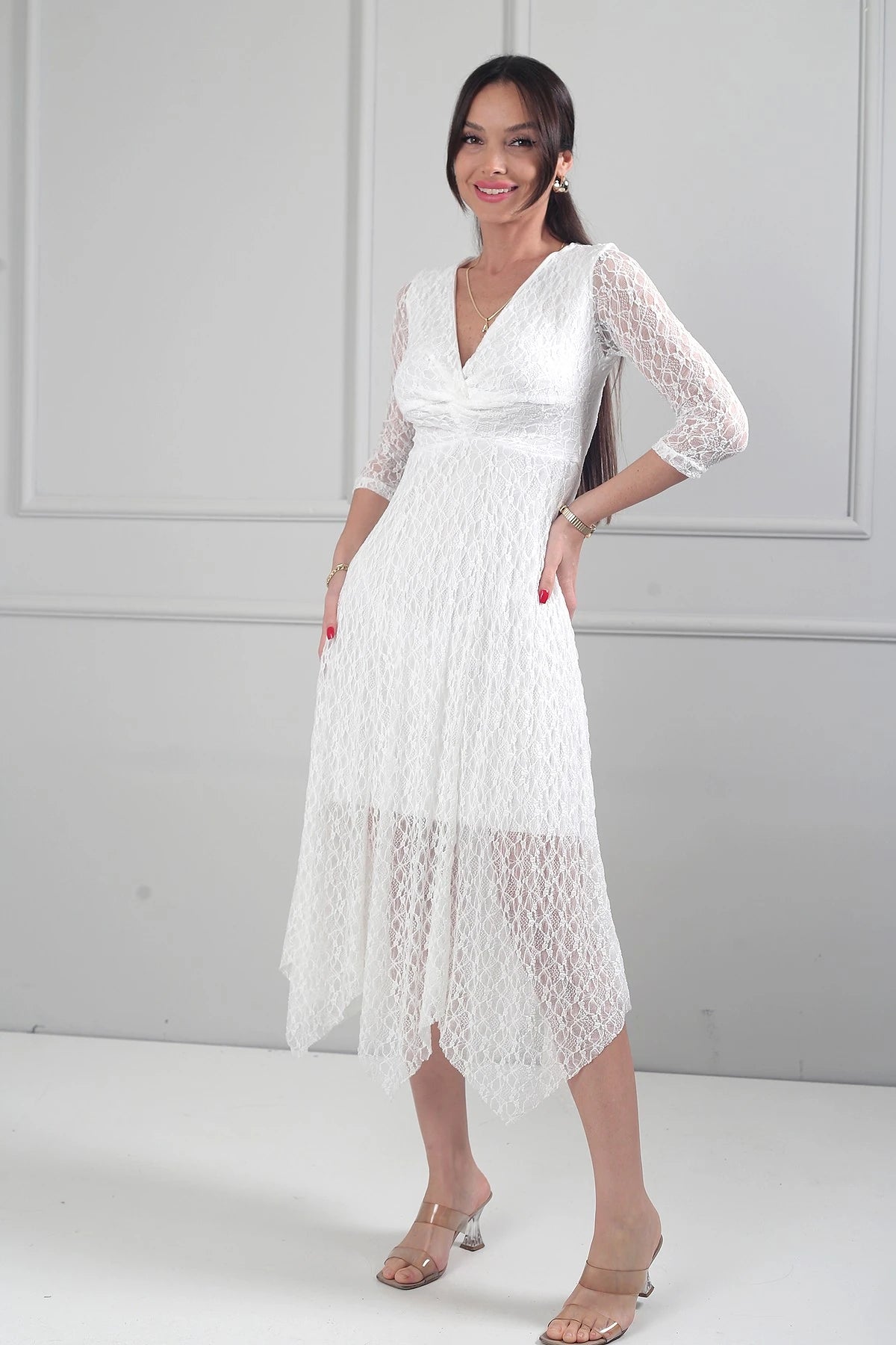 Image of Women's Asymmetrical Lace Midi Dress with Front Knot Detail and Lined Skirt