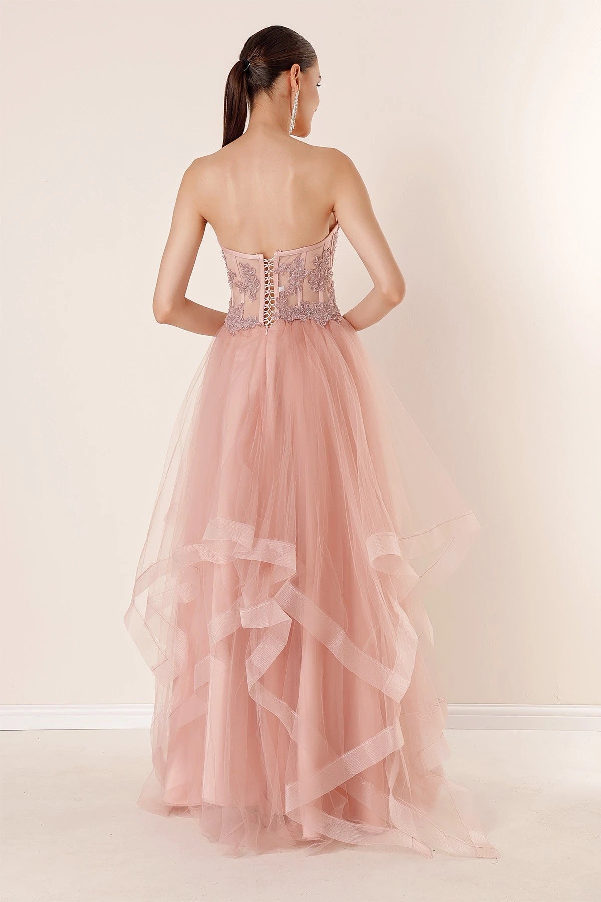 Image of Long, Layered Tulle Taffeta Evening Dress with Beaded Embellishments