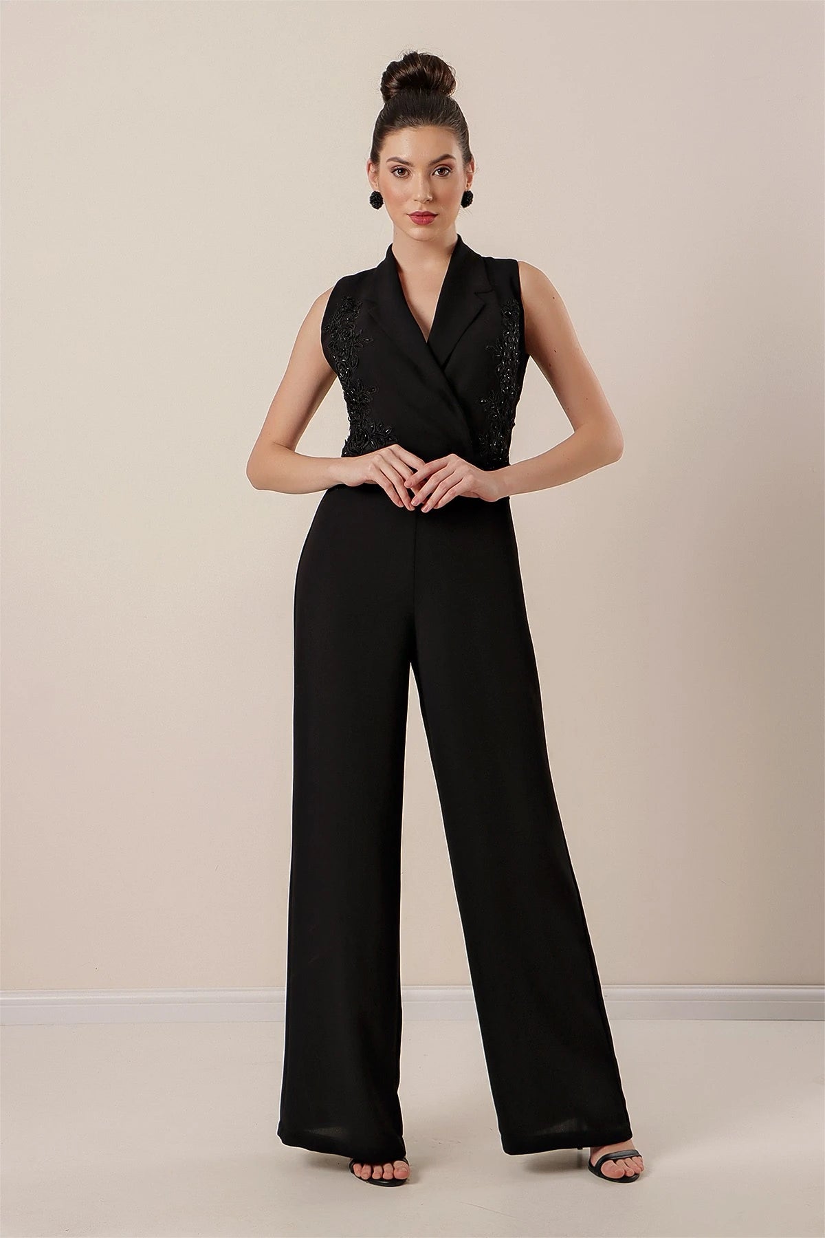 Image of Wrap-Neck Jumpsuit with Beads and Embroidery
