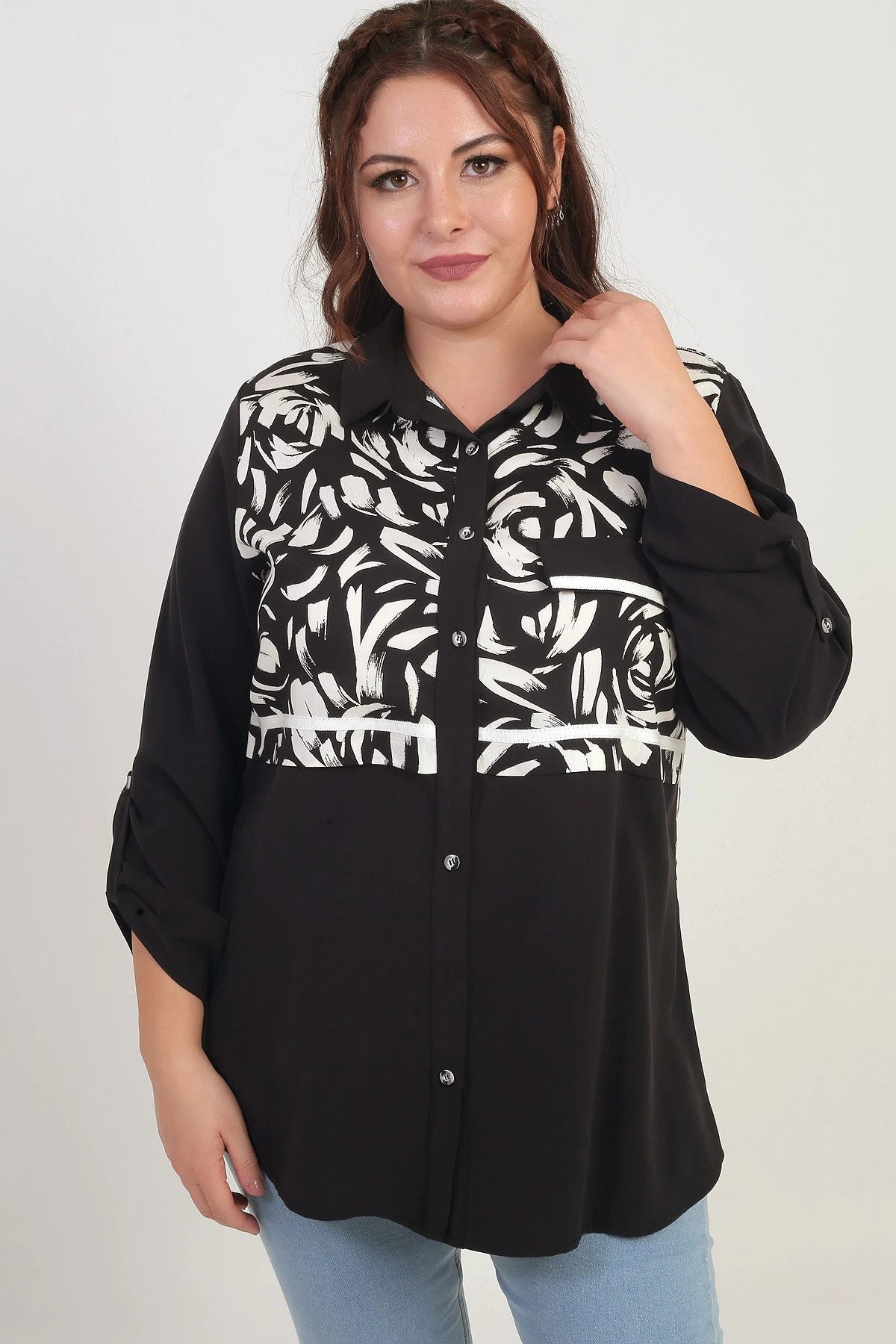 Image of Women's Plus Size Shirt with Fold-Up Sleeves, Brush Pattern, and Pocket Flaps