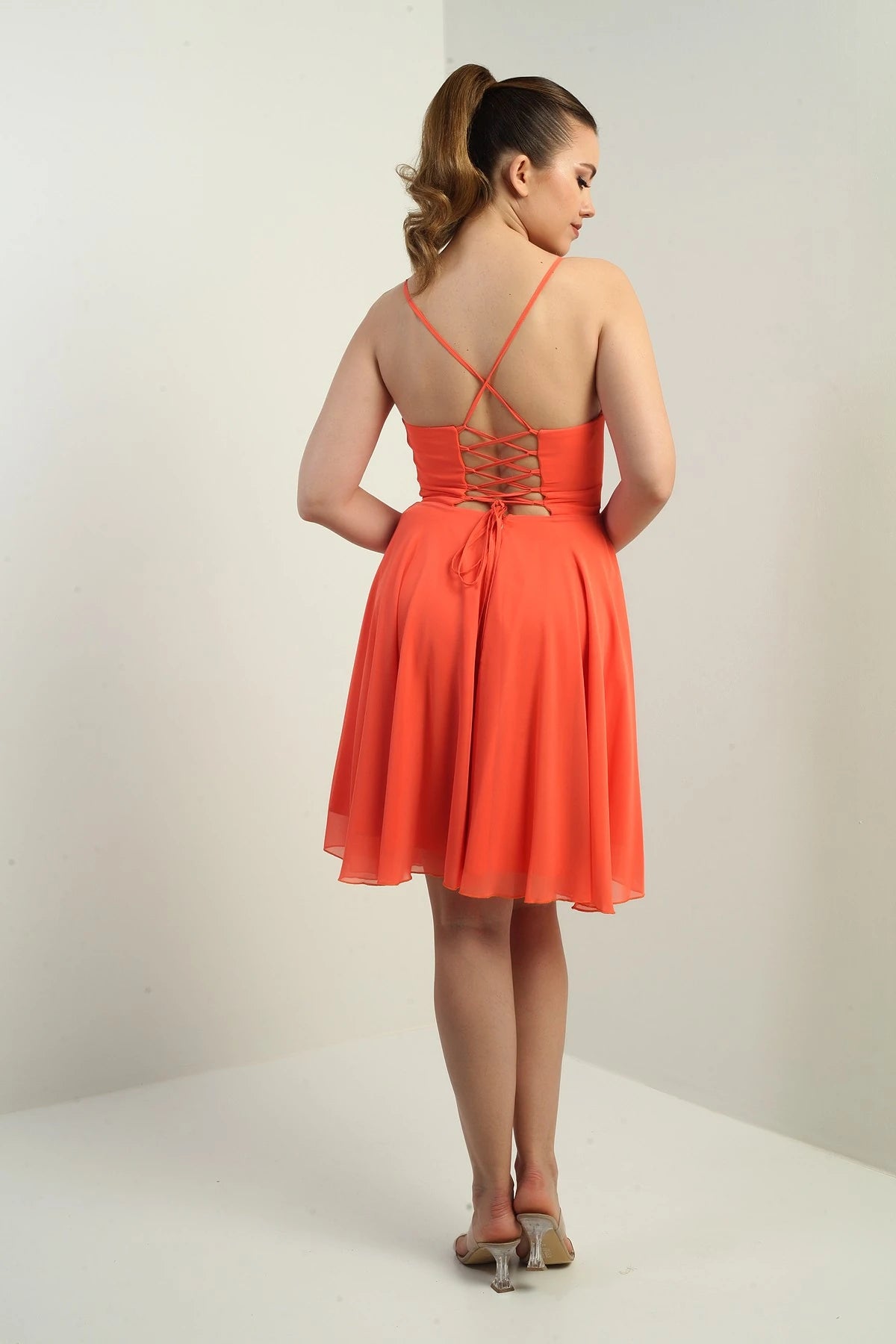 Image of Women's Strappy, Back-Tie, Front-Opening, Lined Chiffon Short Flared Dress