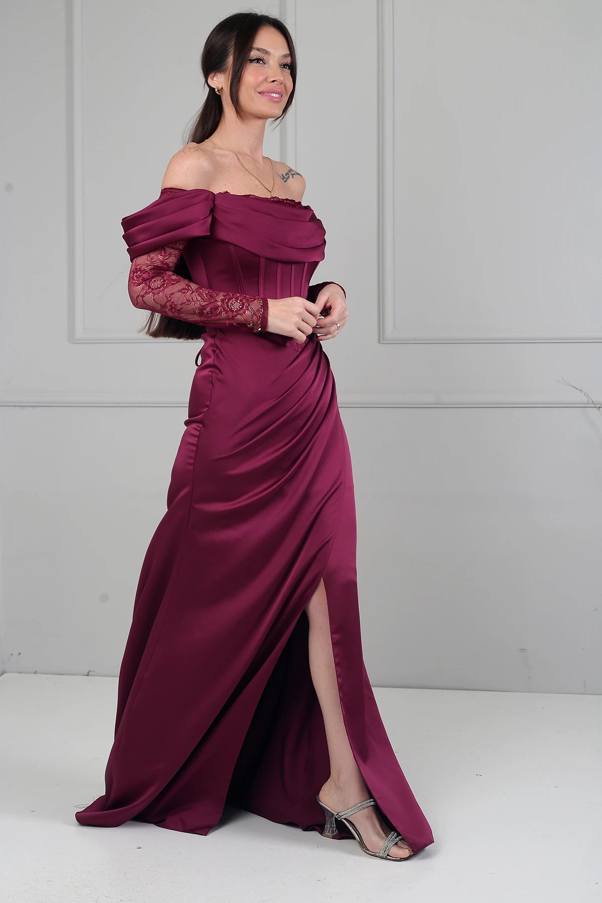 Image of Women's Boat Neck Lace Sleeve Lined Long Satin Dress