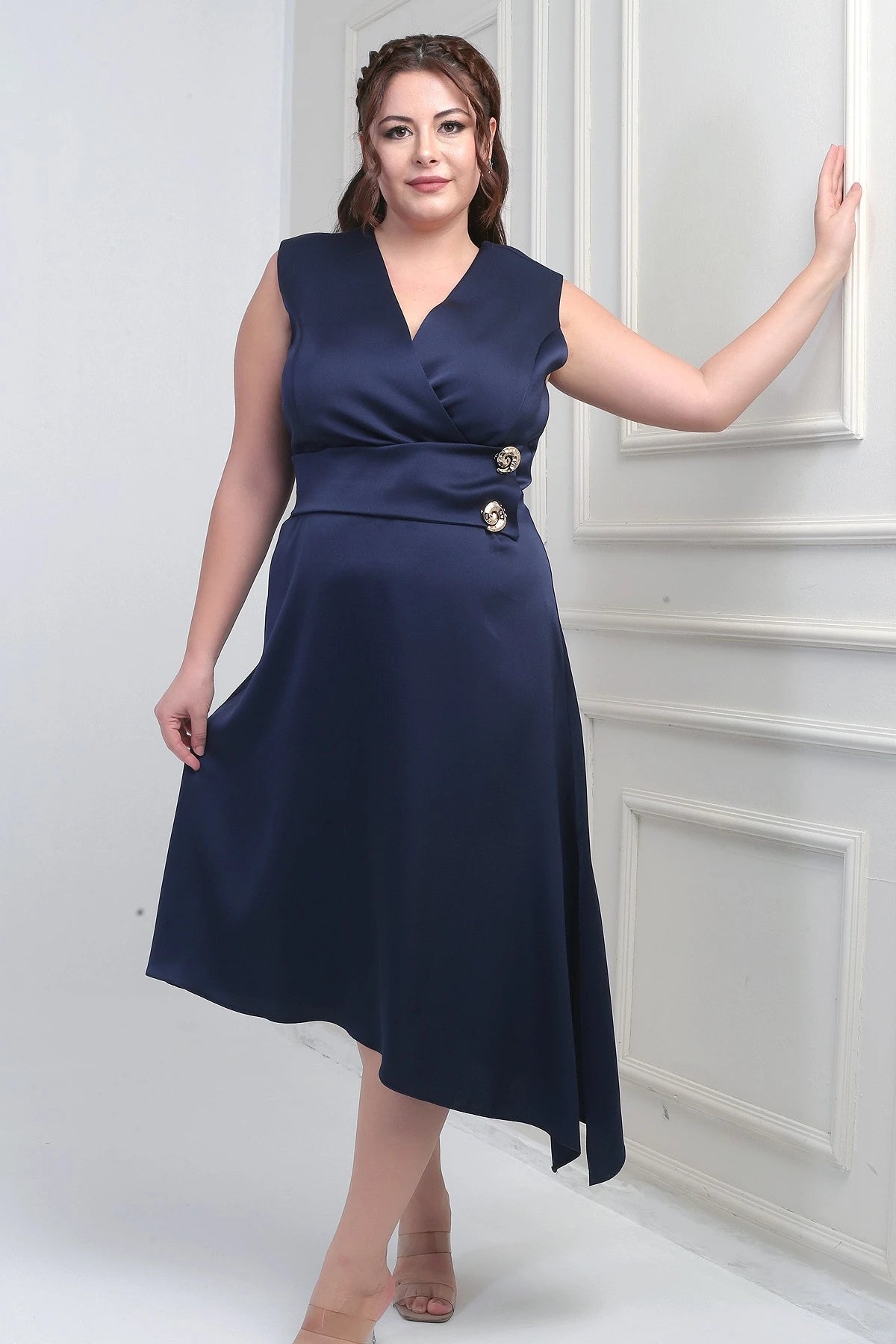 Image of Rochie de damă cu imprimeu floral, asimetrică, din crep satinat, mărime plus