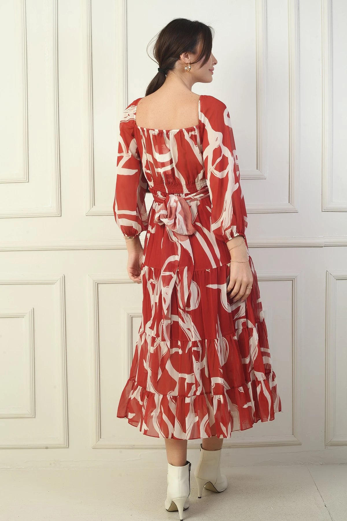 Image of Madonna Neckline Lined Cross-Tie Abstract Pattern Wrap Chiffon Dress