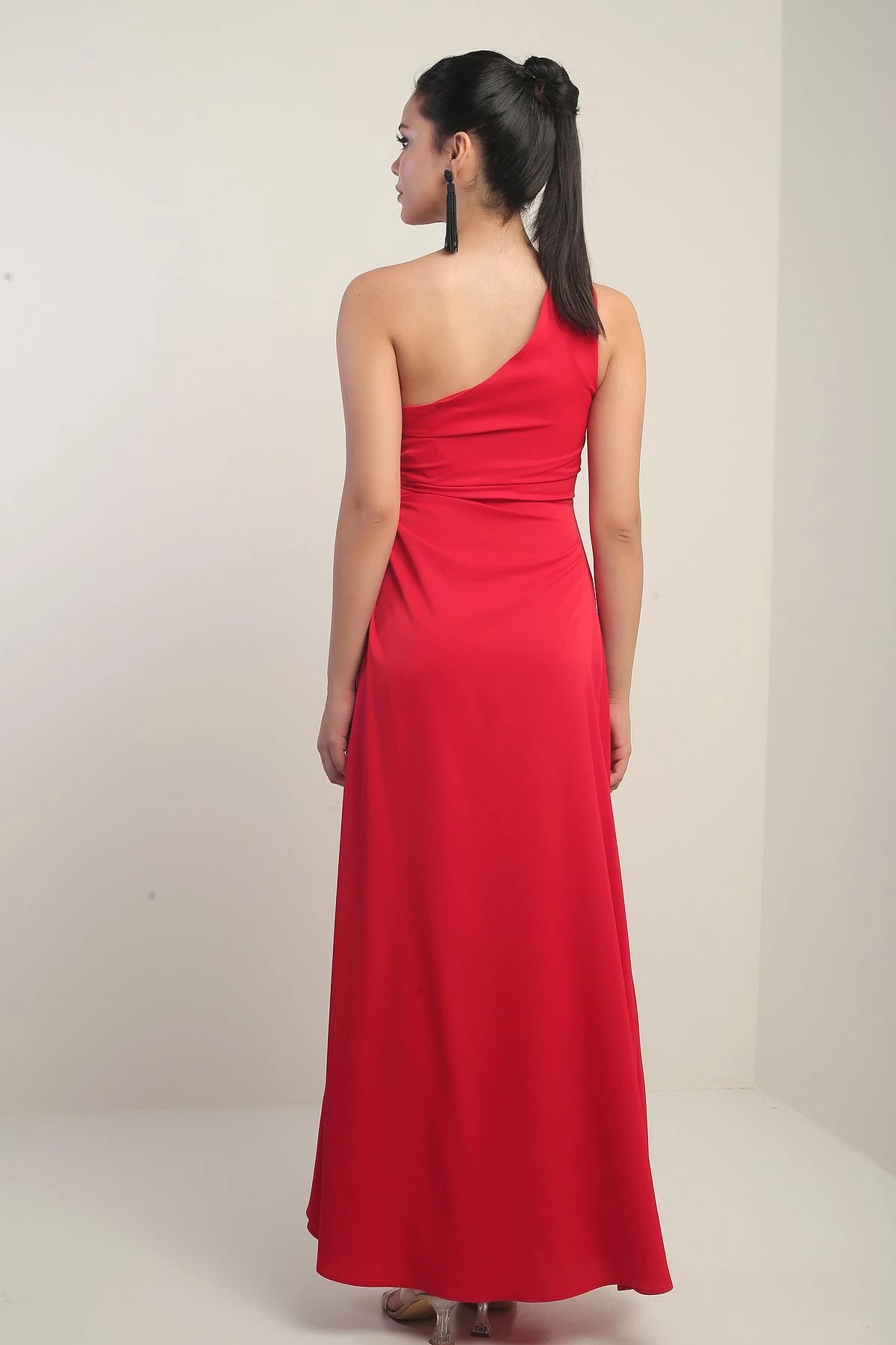 Image of Women's One-Shoulder Long Crepe Satin Dress with Side Window Detail