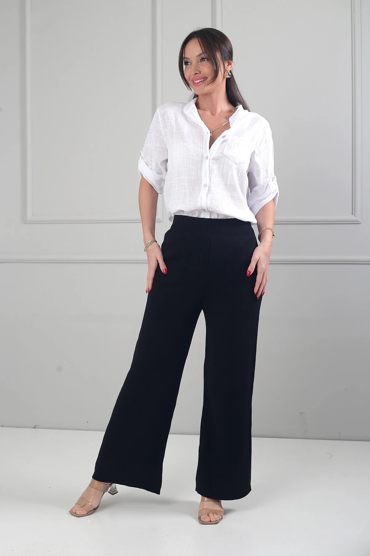 Image of Women's Elastic Waist Palazzo Knit Trousers