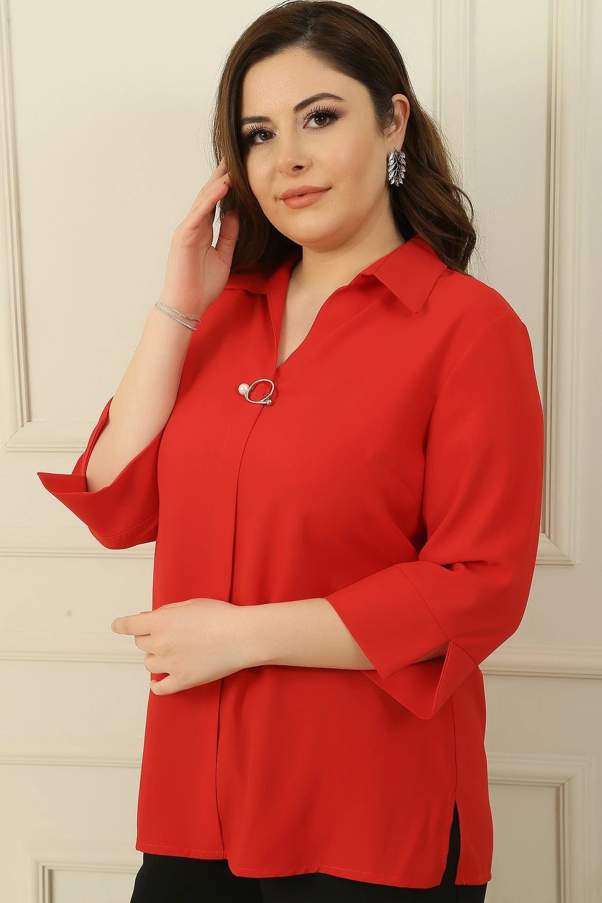 Image of Polo Yaka Çeyrek Kol Büyük Beden Bluz