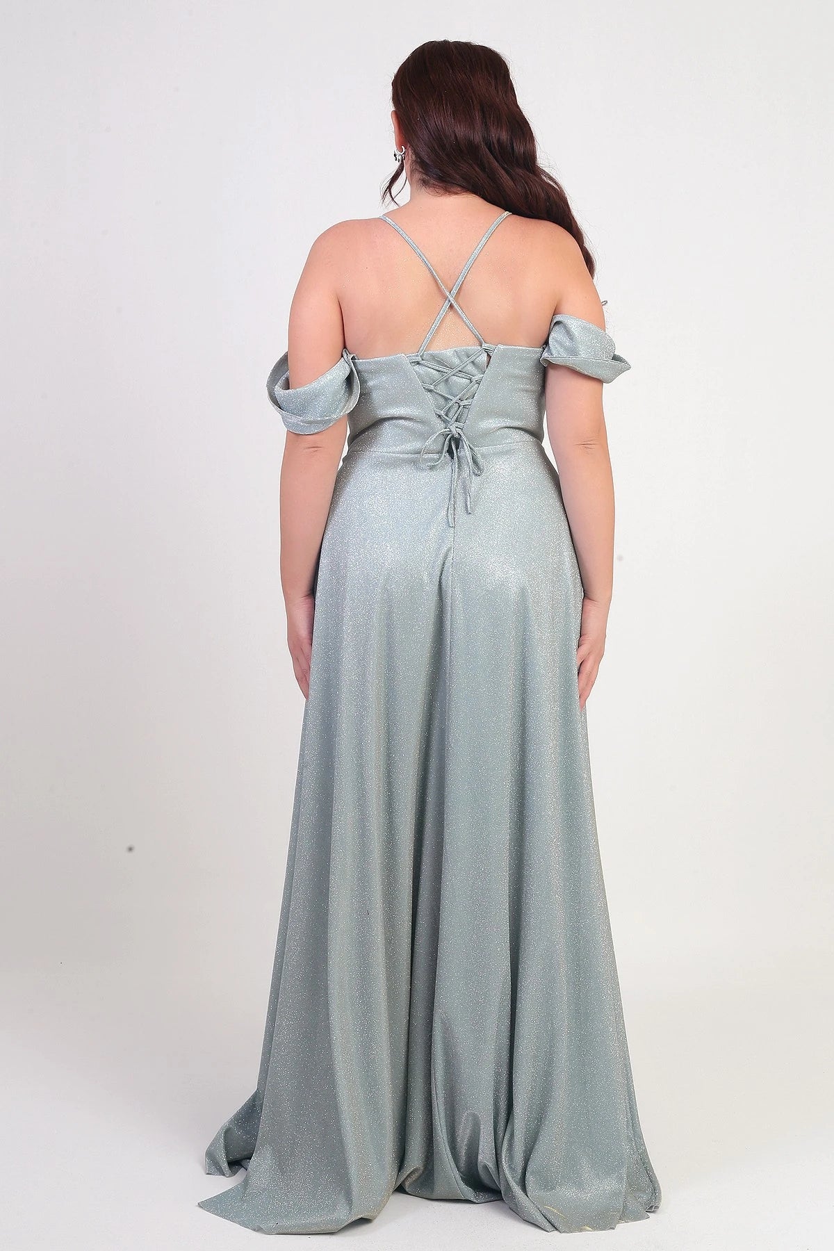 Image of Women's Strappy, Back Lace-Up, Bust Draped, Lined, Underwired, Plus Size Glitter Dress