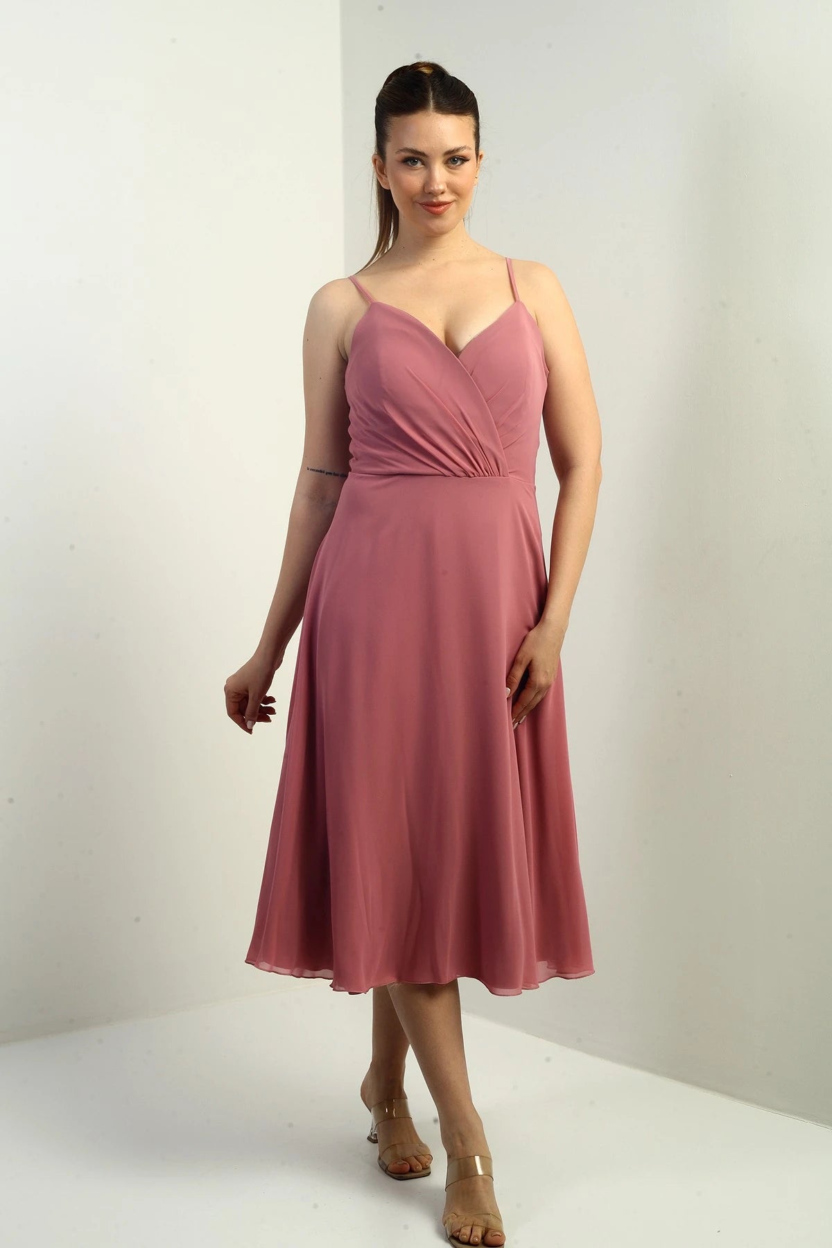 Image of Women's Strappy Wrap Neckline Lined Lace-Up Back Flared Chiffon Dress