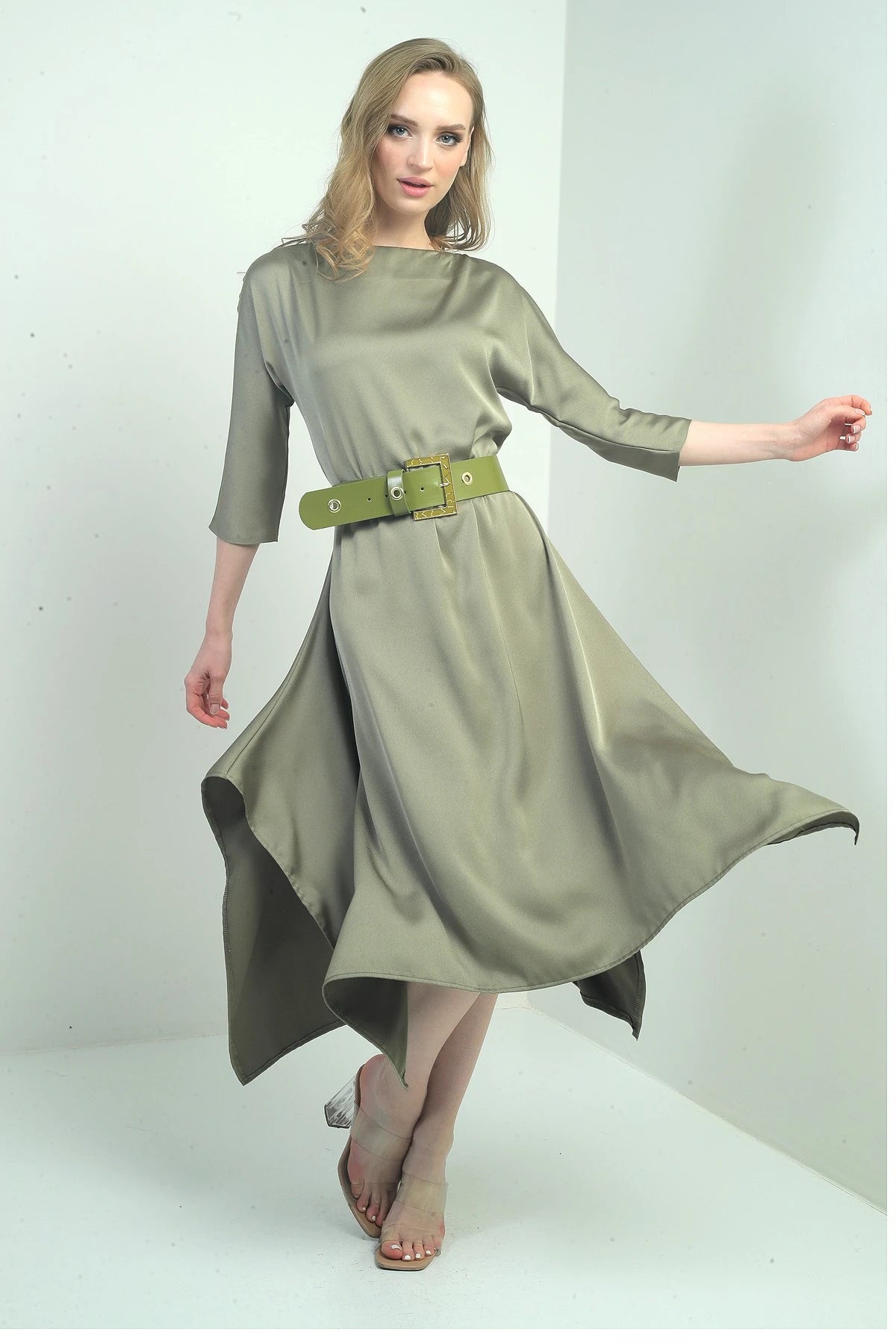 Image of Women's Quarter Sleeve Asymmetrical Crepe Satin Midi Dress with Belted Waist