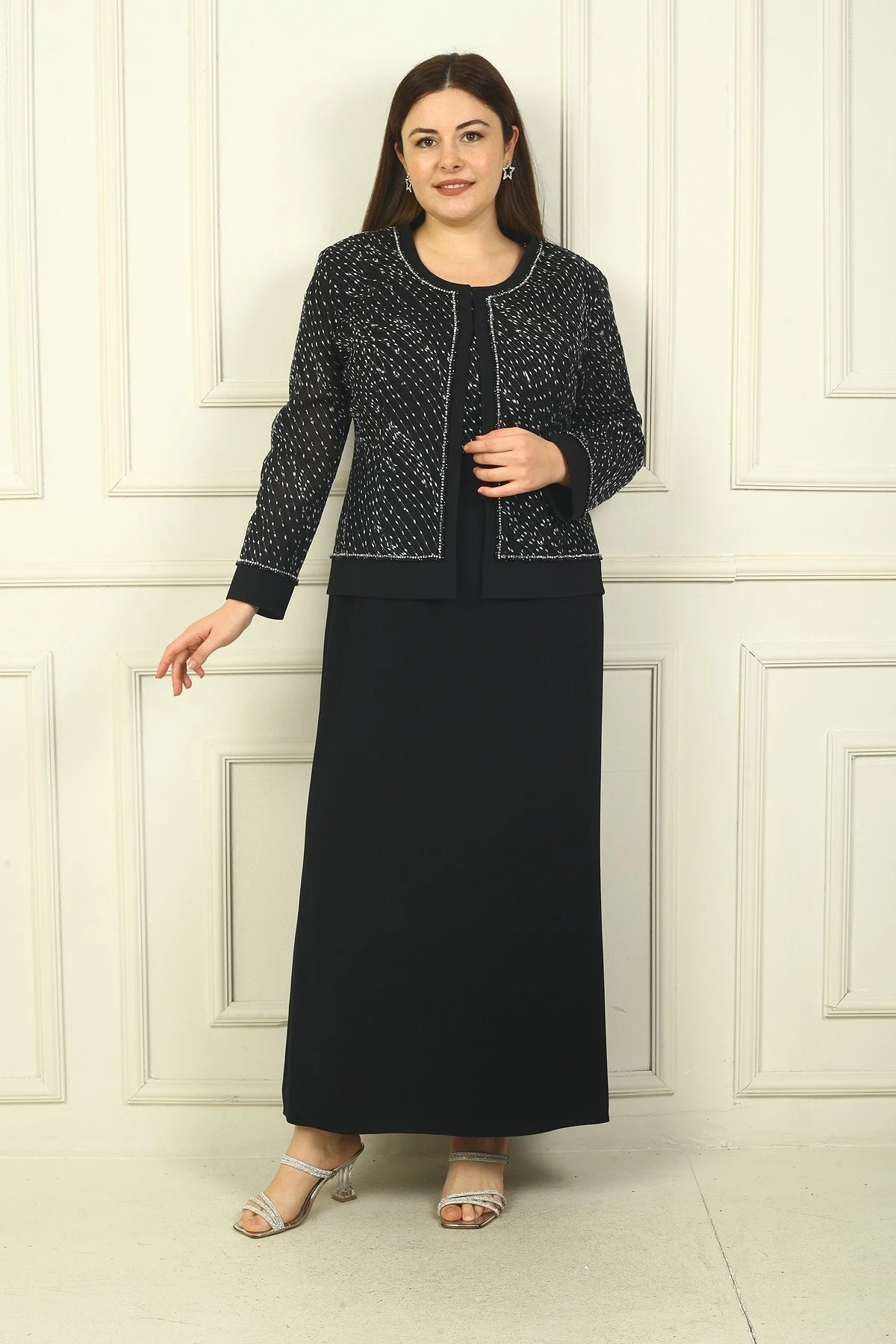 Image of Women's Beaded and Sequin Embellished Tulle Jacket, Half-Moon Sleeve Long Dress, Lined, Plus Size Two-Piece Set