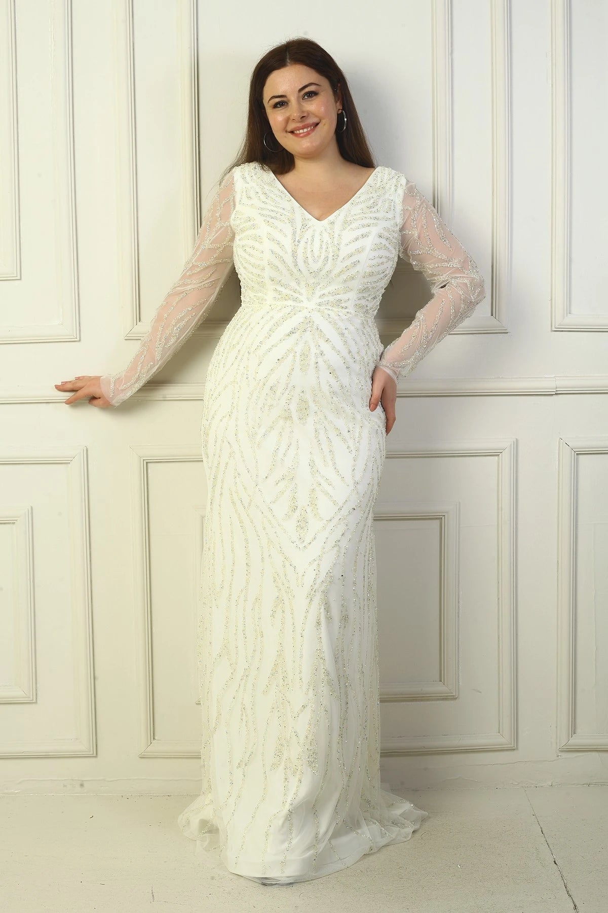 Image of Front and Back V-Neck, Tulle Sleeves, Lined, Embellished Long Plus Size Dress