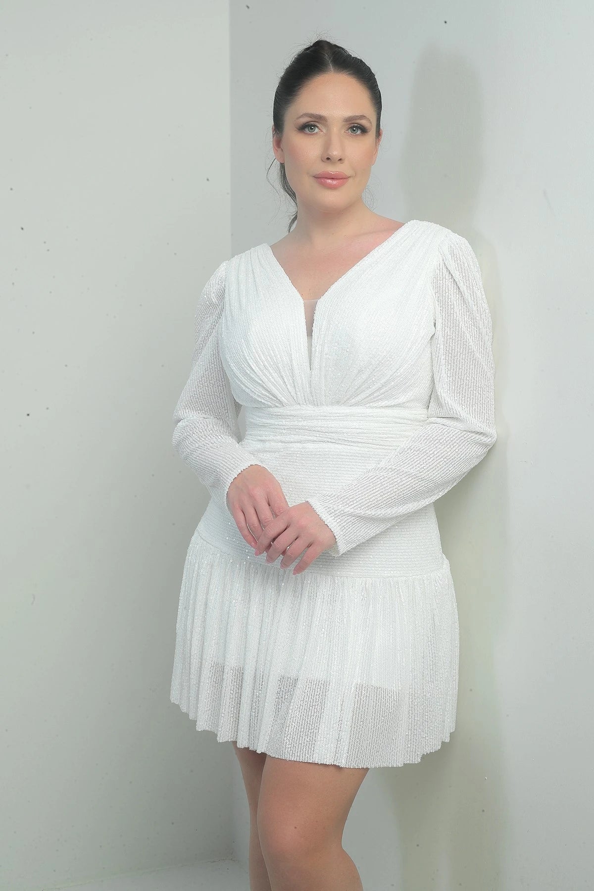 Image of Women's Front and Back V-Neck Lined Draped Long Sleeved Plus Size Sequin Dress