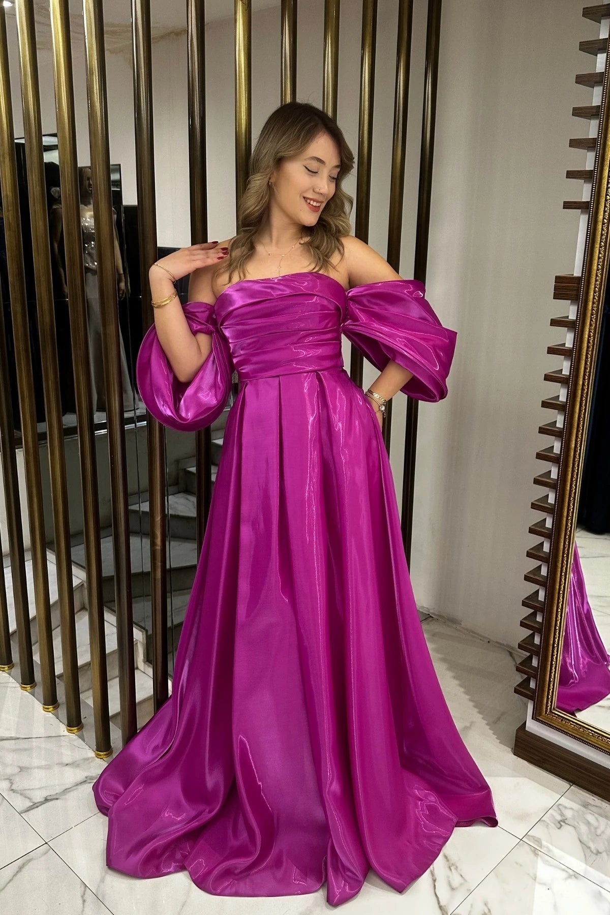 Image of Women's Strapless Balloon Sleeve Lined Pleated Pocket Taffeta Long Dress