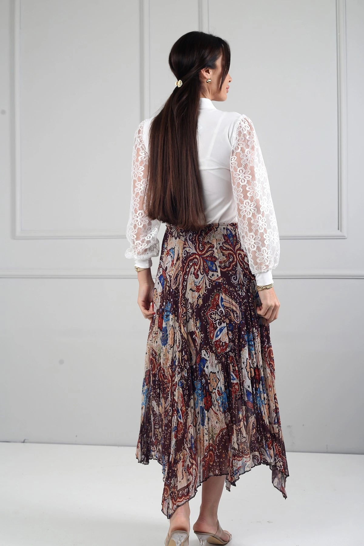 Image of Women's Elastic Waist Lined Shawl Patterned Triangle Midi Skirt