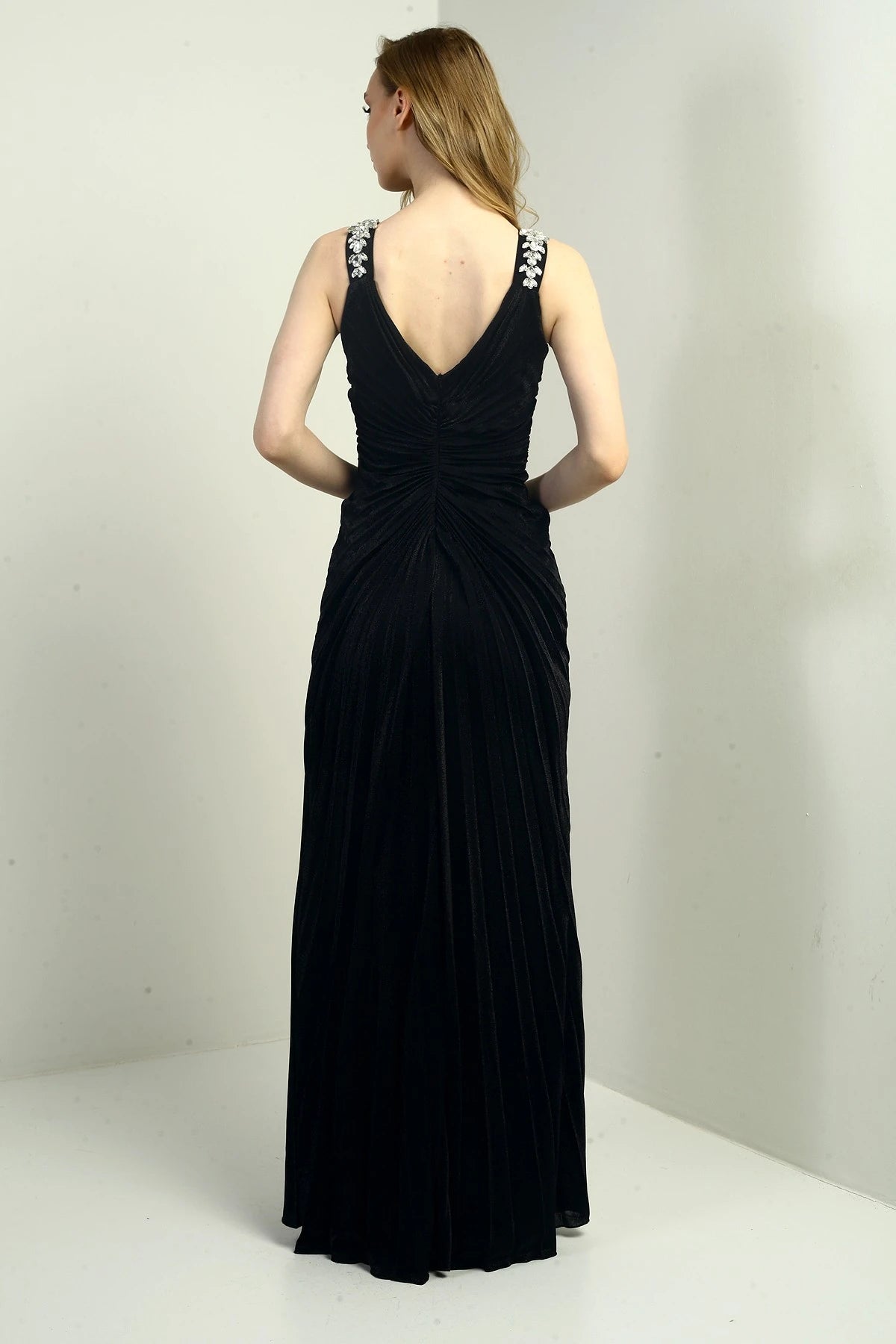 Image of Women's Wrap Neckline Long Evening Dress with Thick Shoulder Stone Detail, Stone Embellished Front, Gathered, and Slit
