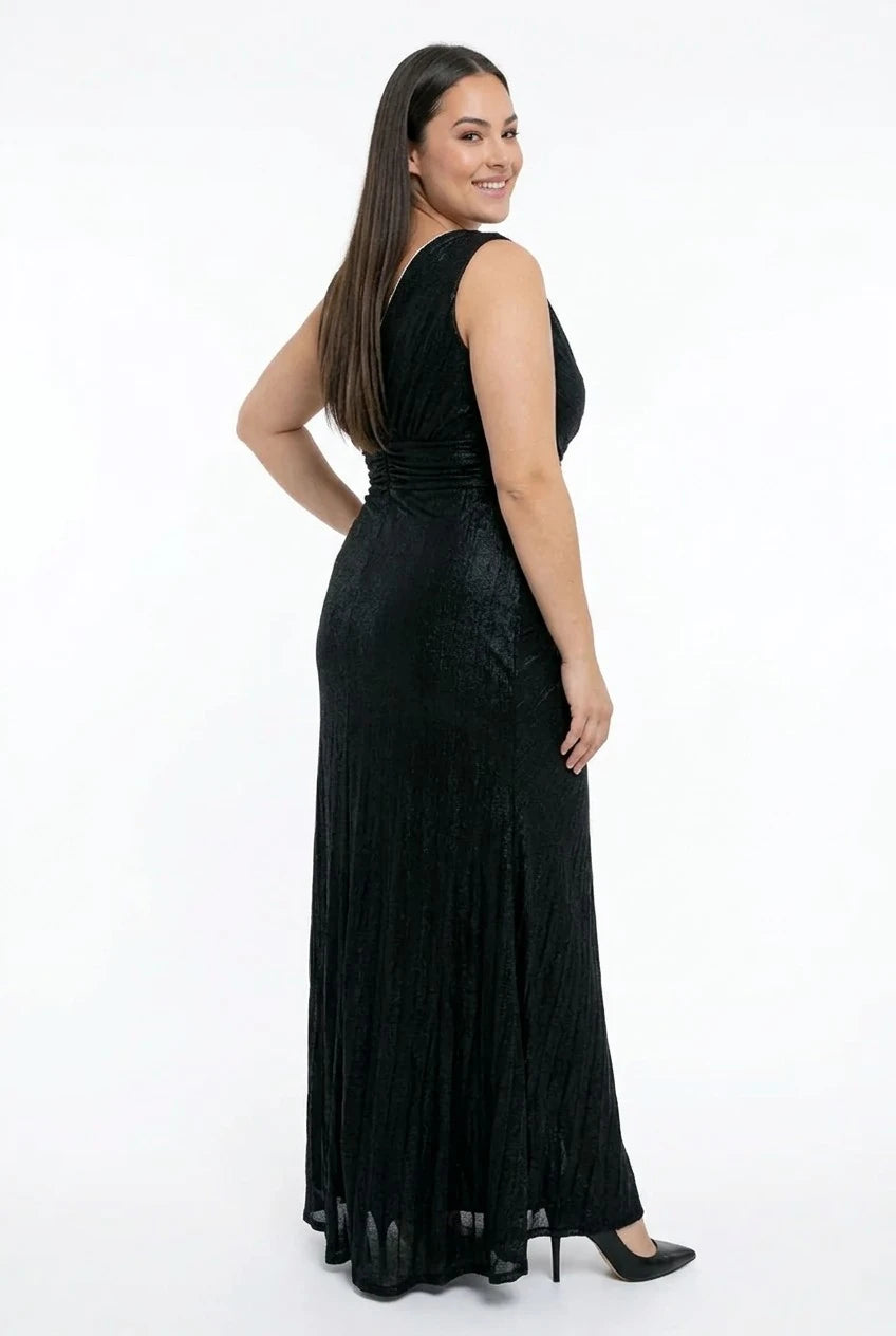 Image of Women's Front and Back V-Neck Ekol Fabric Pleated Series Stone Embellished Lined Plus Size Long Dress