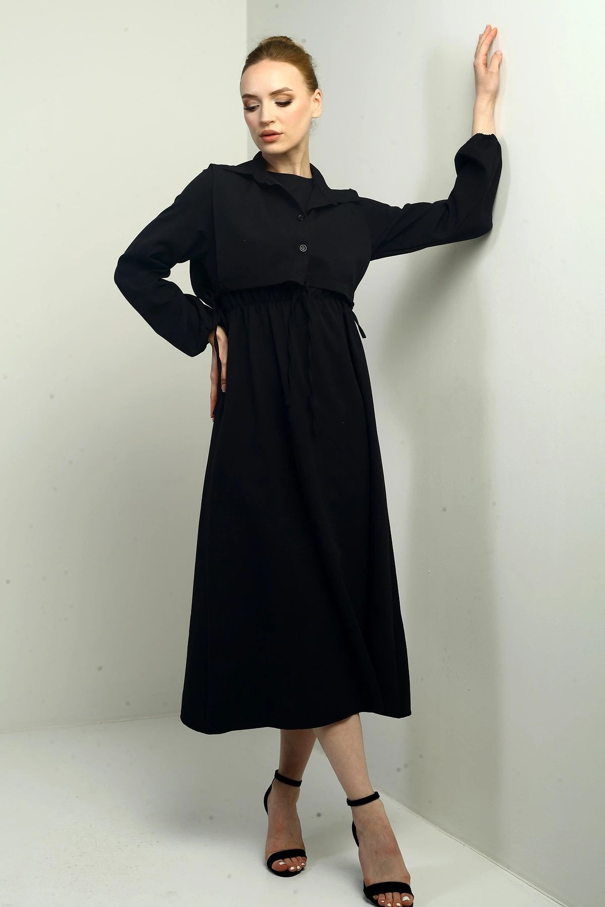 Image of Women's Button-Down Detachable Vest, Elastic Waist, Long-Sleeved Midi Dress