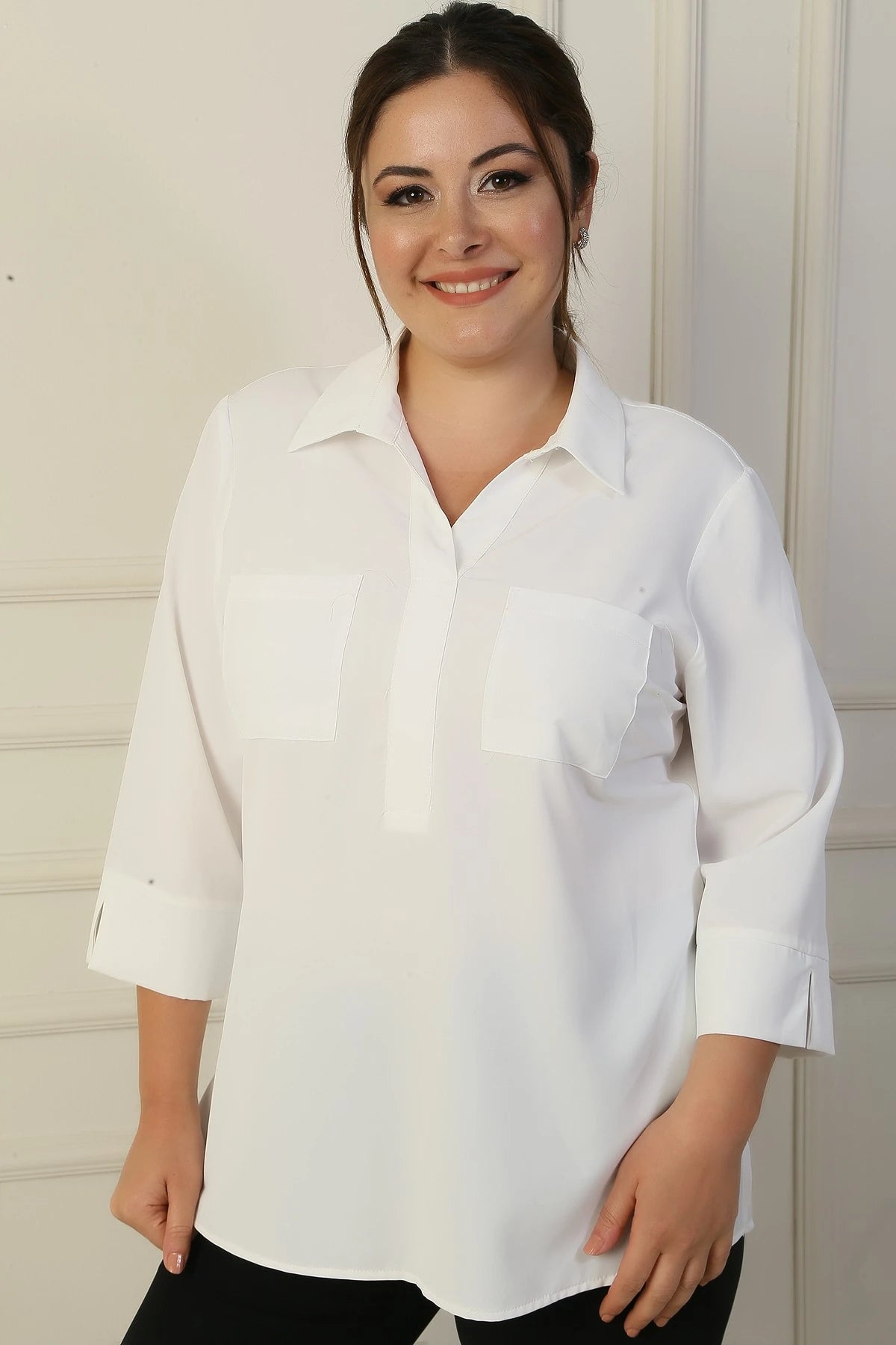 Image of Polo Collar Pocketed Quarter Sleeve BB Blouse