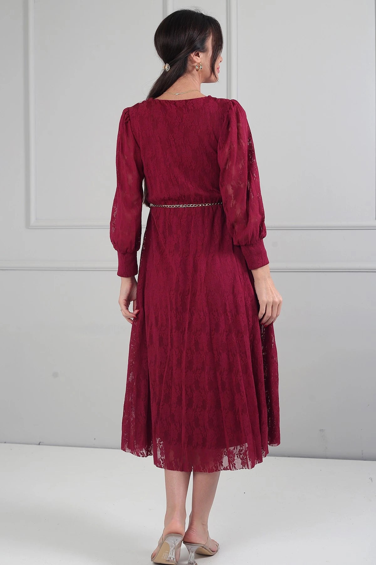 Image of Rochie midi din dantelă cu mânecă lungă și căptușeală, cu decolteu înfășurat și decolteu înfășurat pentru femei