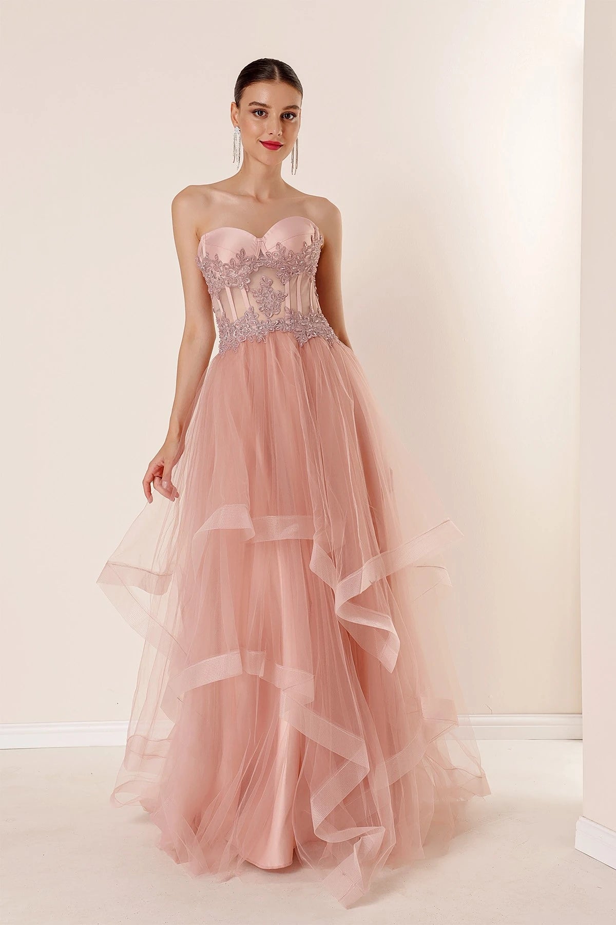 Image of Long, Layered Tulle Taffeta Evening Dress with Beaded Embellishments
