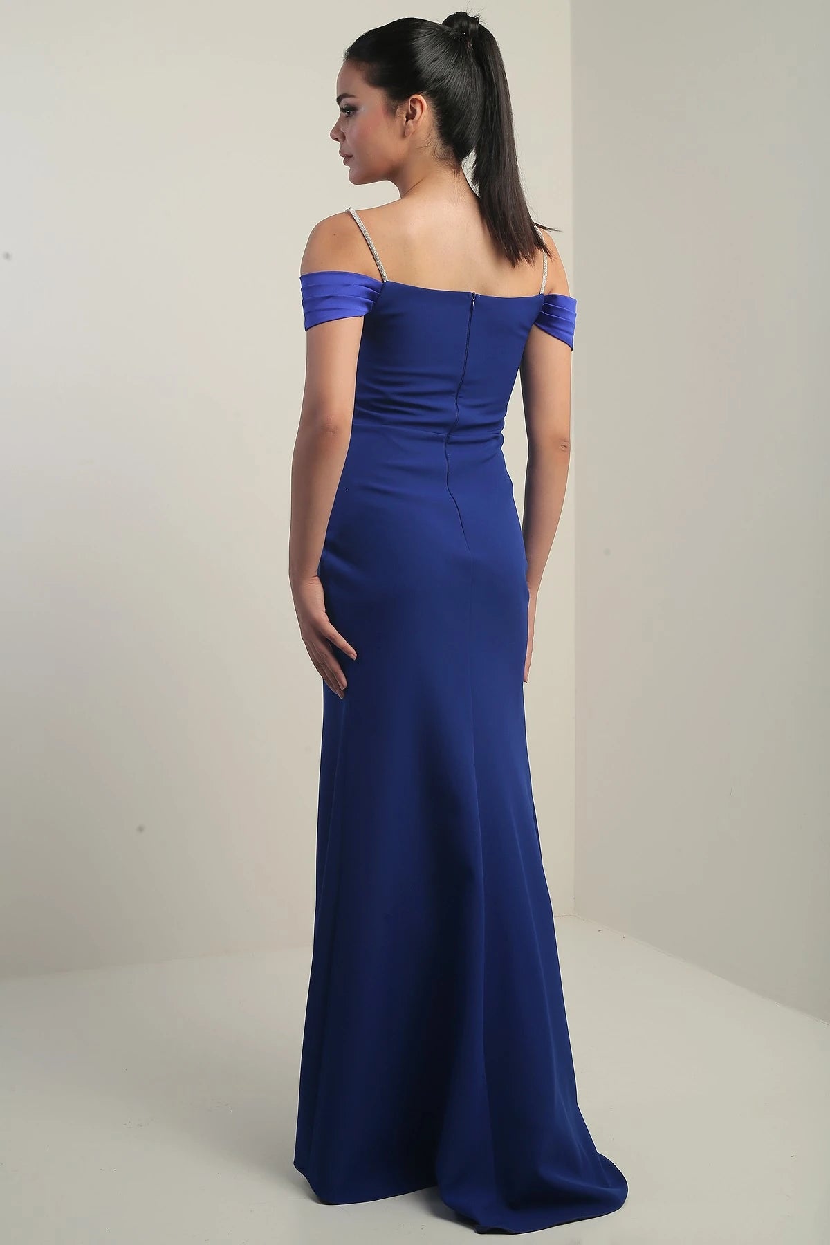 Image of Women's Embellished Thin Strap, Dropped Sleeve Satin Madonna Neckline Lined Draped Double Fishtail Dress