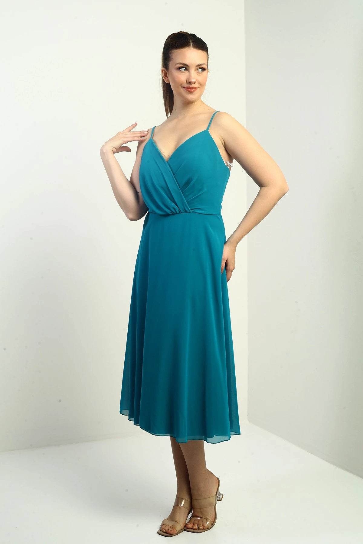 Image of Women's Strappy Wrap Neckline Lined Lace-Up Back Flared Chiffon Dress